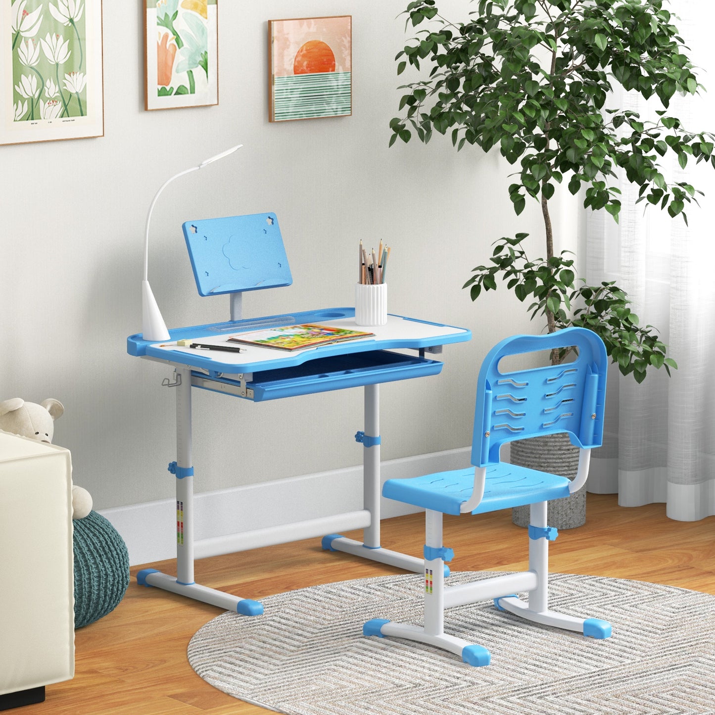 Kids Desk and Chair Set Height Adjustable Student Writing Desk Children School Study Table with Tilt Desktop, Blue Kids Crystal