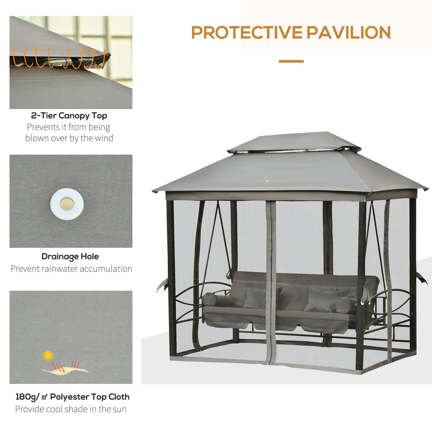 3 Person Outdoor Patio Daybed 3 in 1 Canopy Gazebo Swing Chair Garden Hammock with Mesh Mosquito Net and Sun Shade Grey