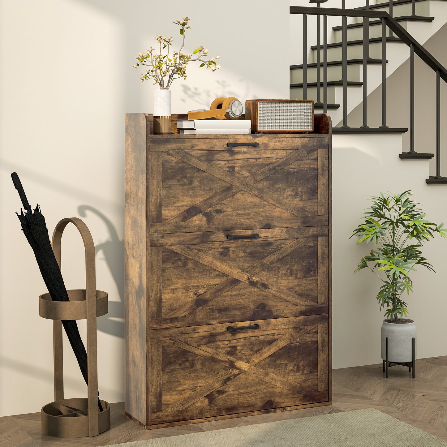 Narrow Shoe Storage Cabinet Farmhouse Shoe Cabinet with 3 Flip Drawers Adjustable Shelves for Entryway Rustic Brown Kids Crystal