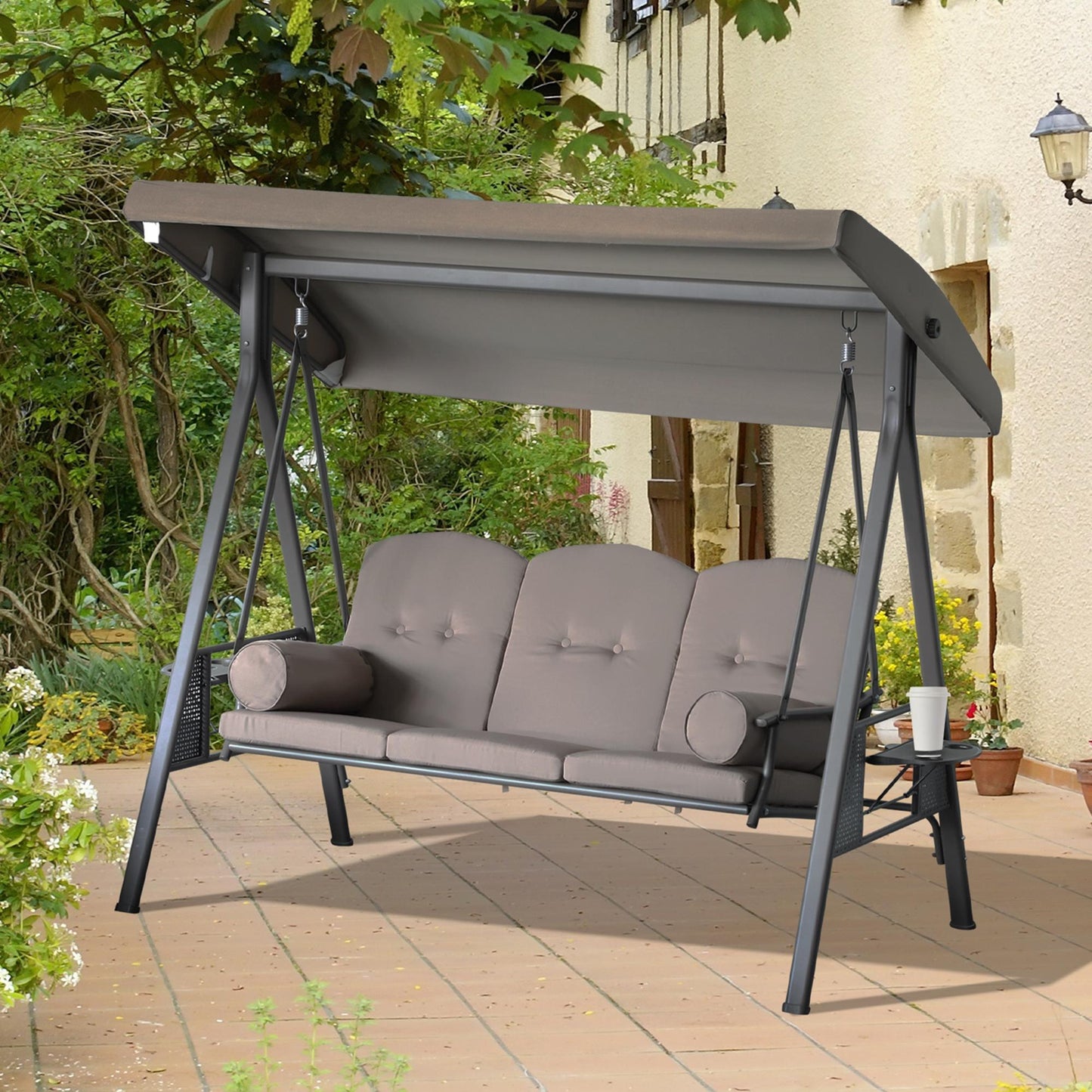 3-Person Porch Swing Chair Heavy Duty Outdoor Lounge Hammock with Cushioned Seat and Tilt Canopy Brown Kids Crystal