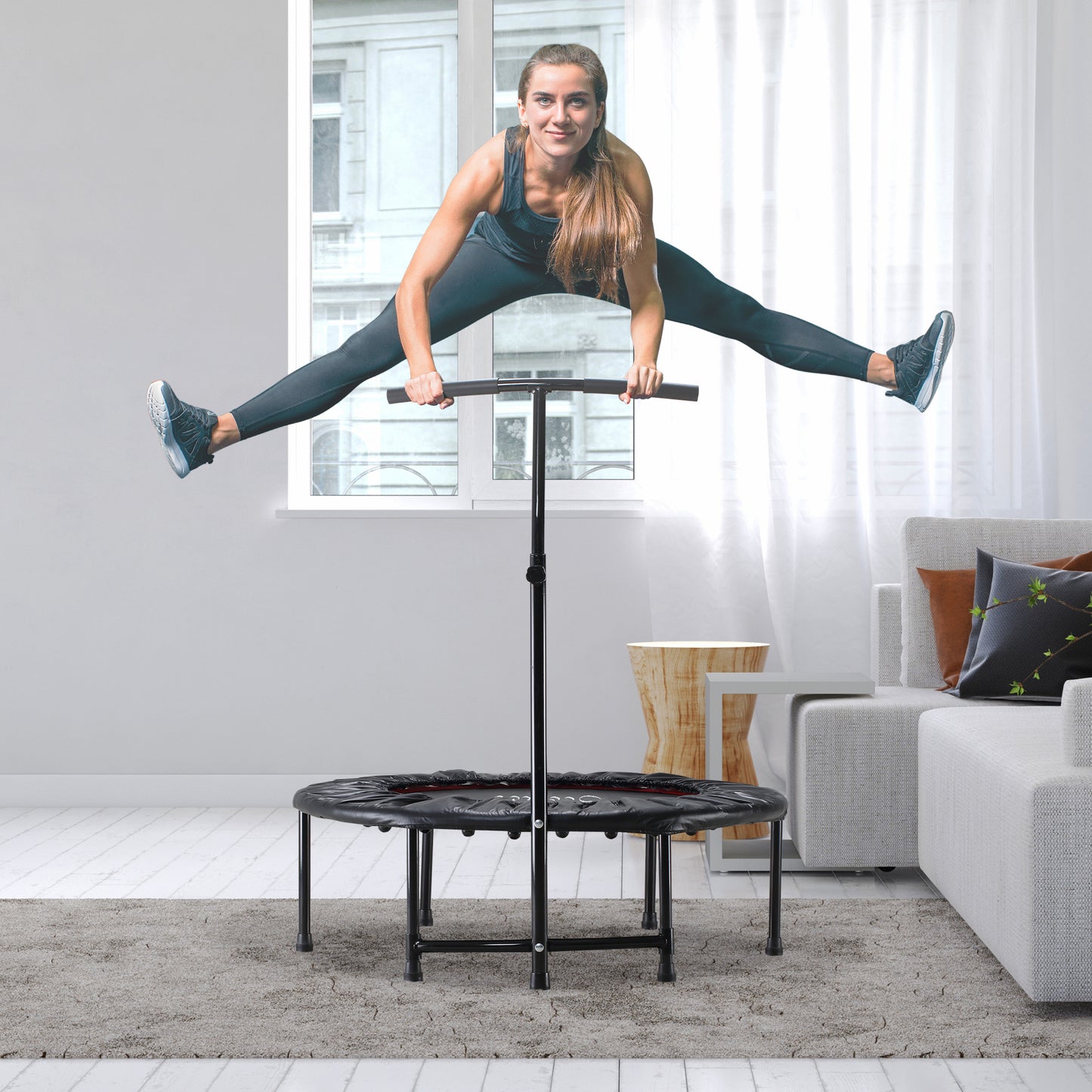 Mini Trampoline 40" Indoor Fitness Rebounder Adjustable Handle Bar Workout Cardio Exercise Black Kids Crystal