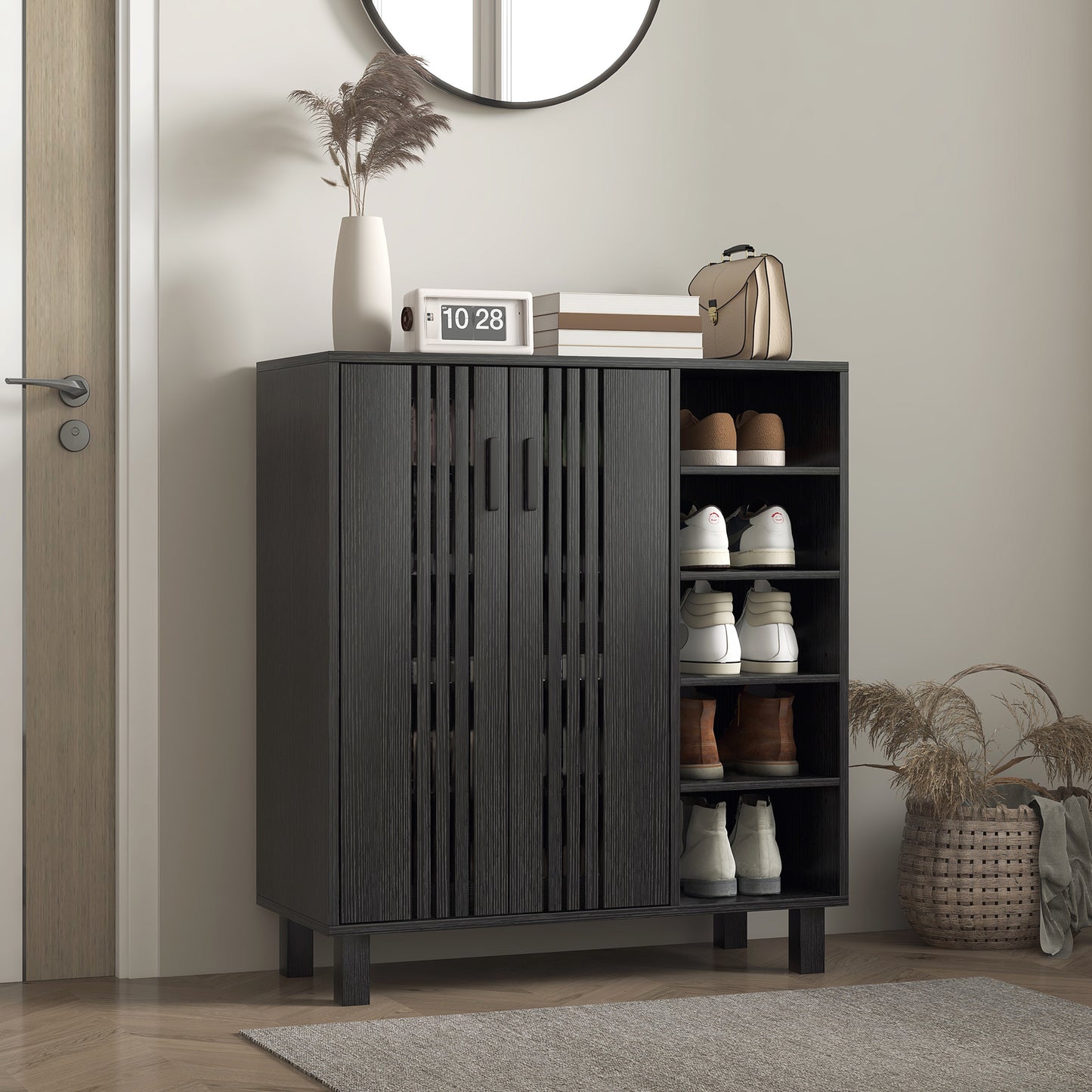 Shoe Storage with Double Doors Open Shelves 17 Pair Shoe Storage Organizer for Entryway Hallway Black Kids Crystal