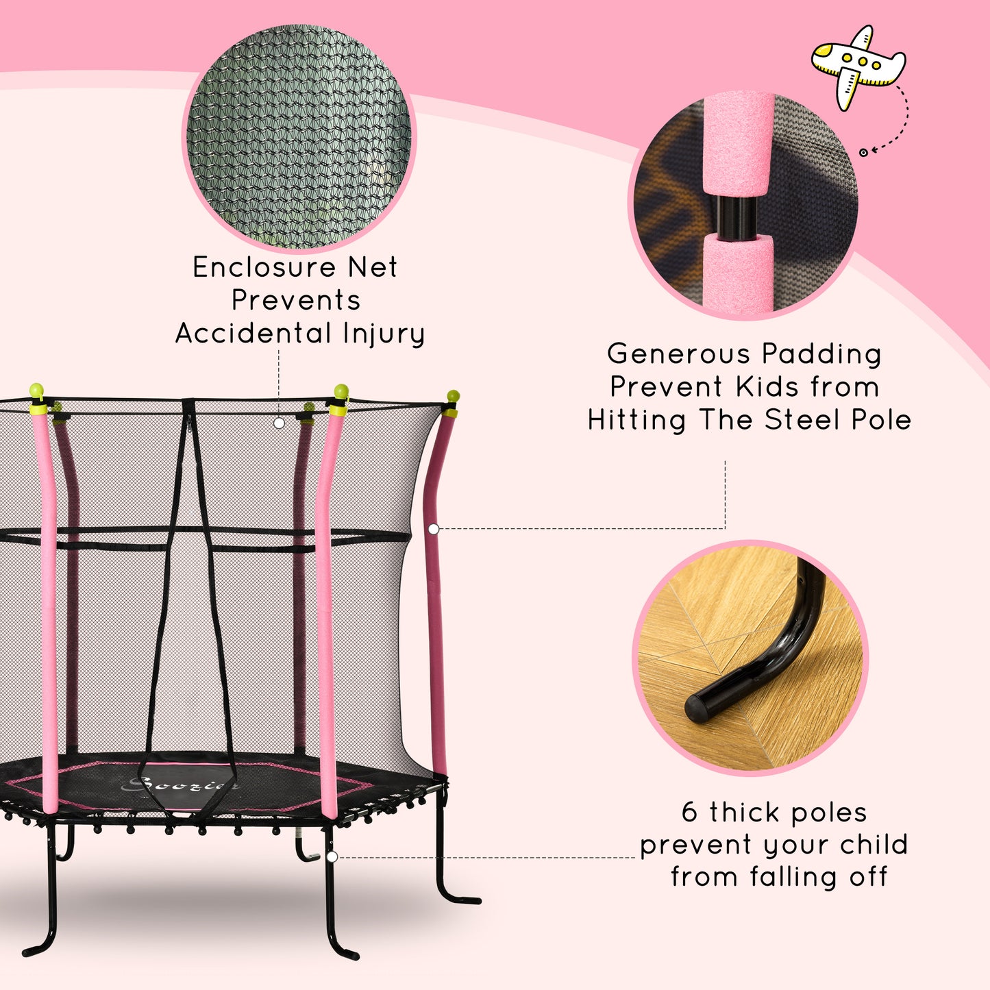 63" Kids Trampoline Mini Indoor/Outdoor Bouncer Jumper Enclosure Net Elastic Padded Pole Gift Pink 3-10 Years Kids Crystal