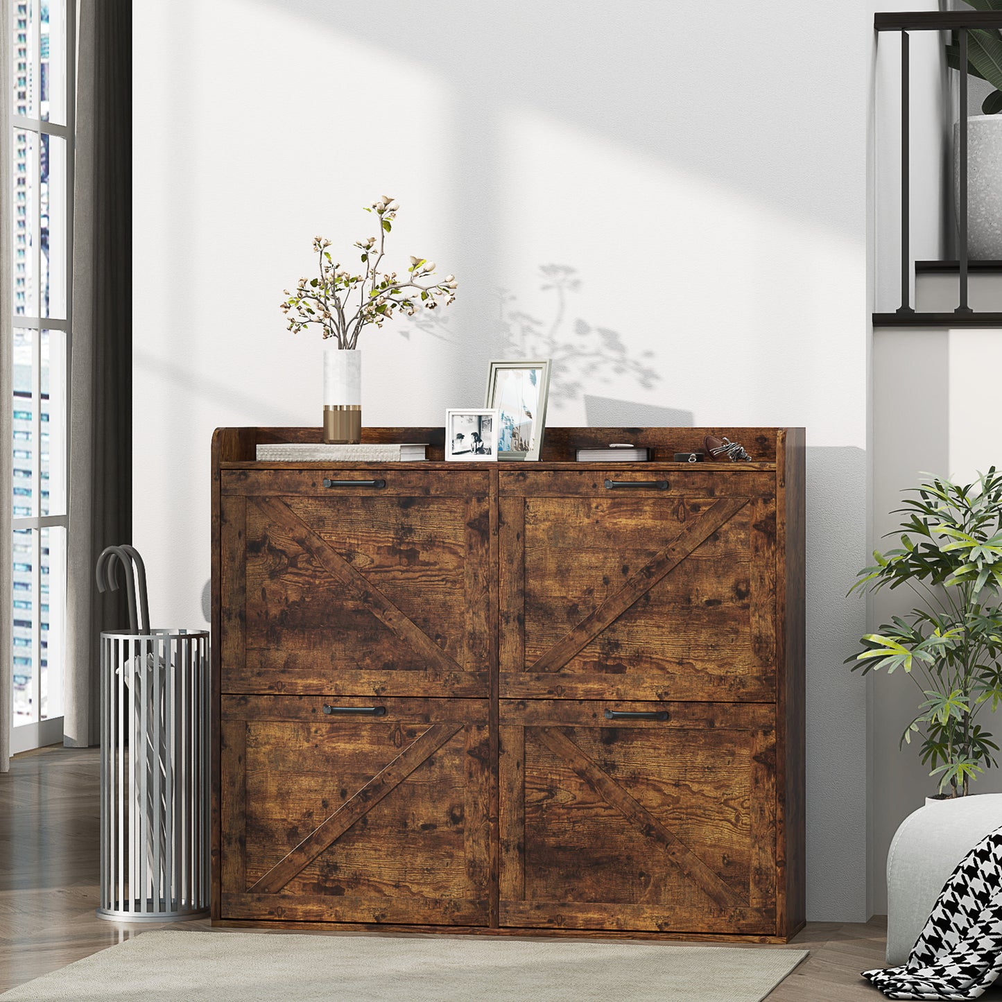 Narrow Shoe Storage Cabinet with 4 Flip Drawers, Adjustable Shelves, 16 Pair Farmhouse Shoe Cabinet, Rustic Brown Kids Crystal