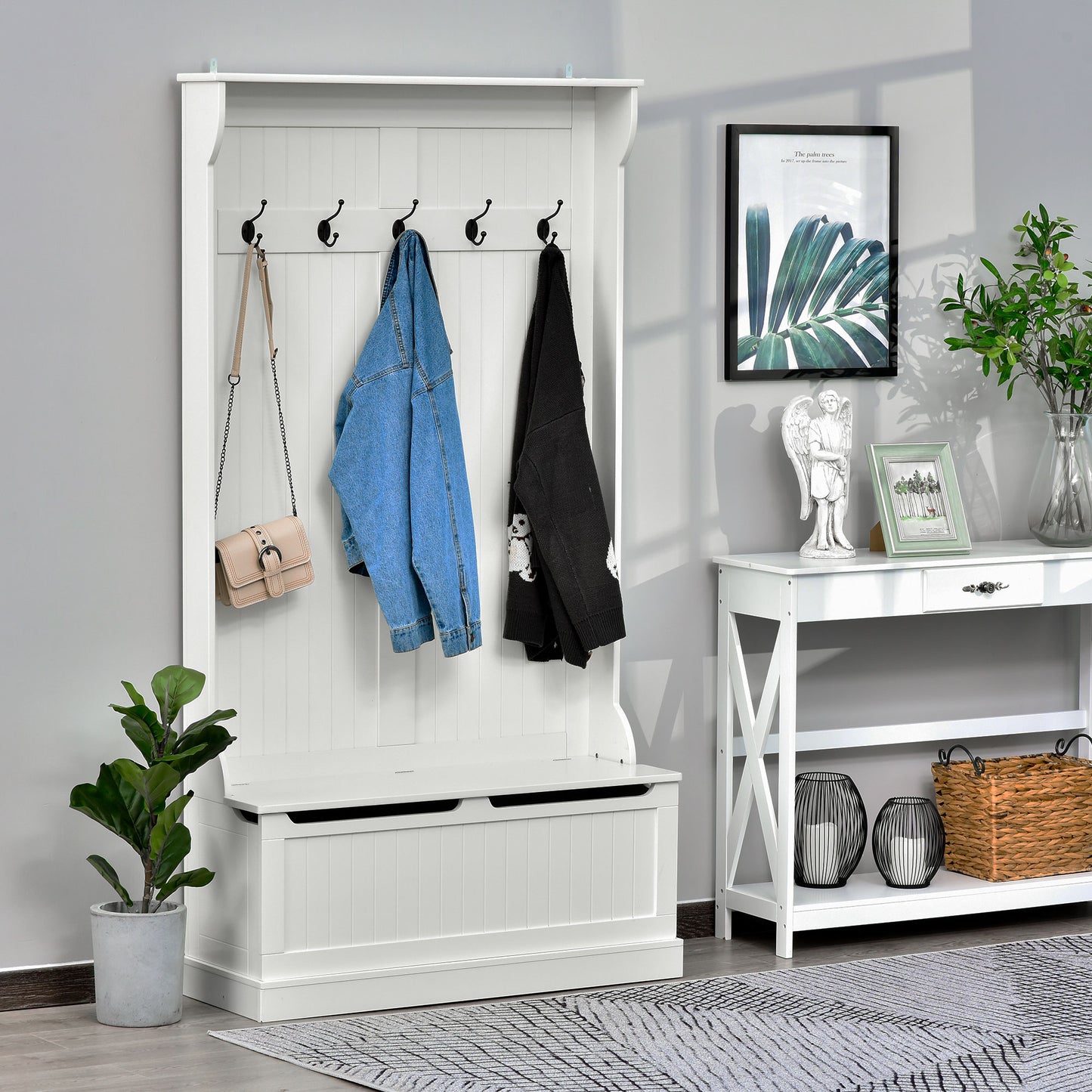 71 Inch Hall Tree with Storage Bench 3-In-1 Coat Rack 5 Steel Hooks Entryway Organizer Cream White Kids Crystal
