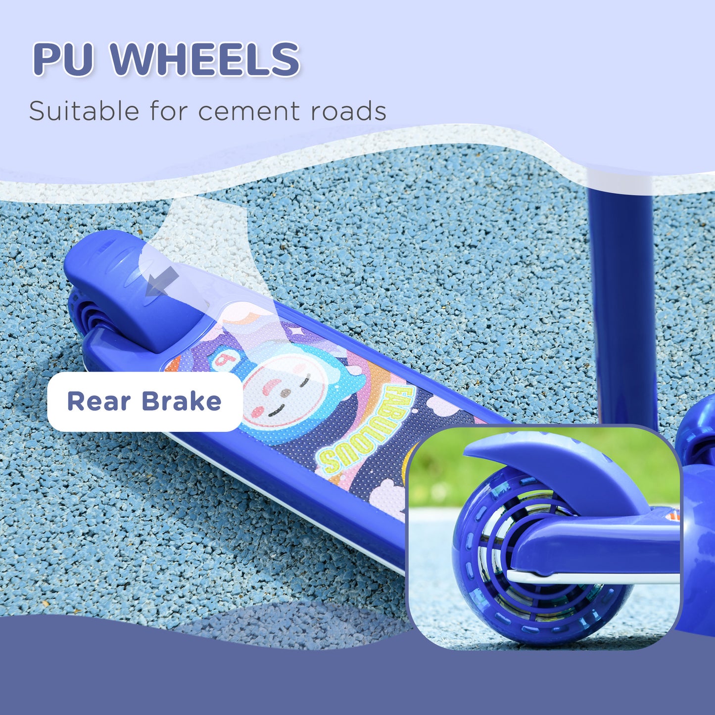 3 Wheel Kids Scooter, Toddler Kick Scooter with Adjustable Height, Rear-Fender Brake, LED Light, TPE Handlebar, Blue Kids Crystal