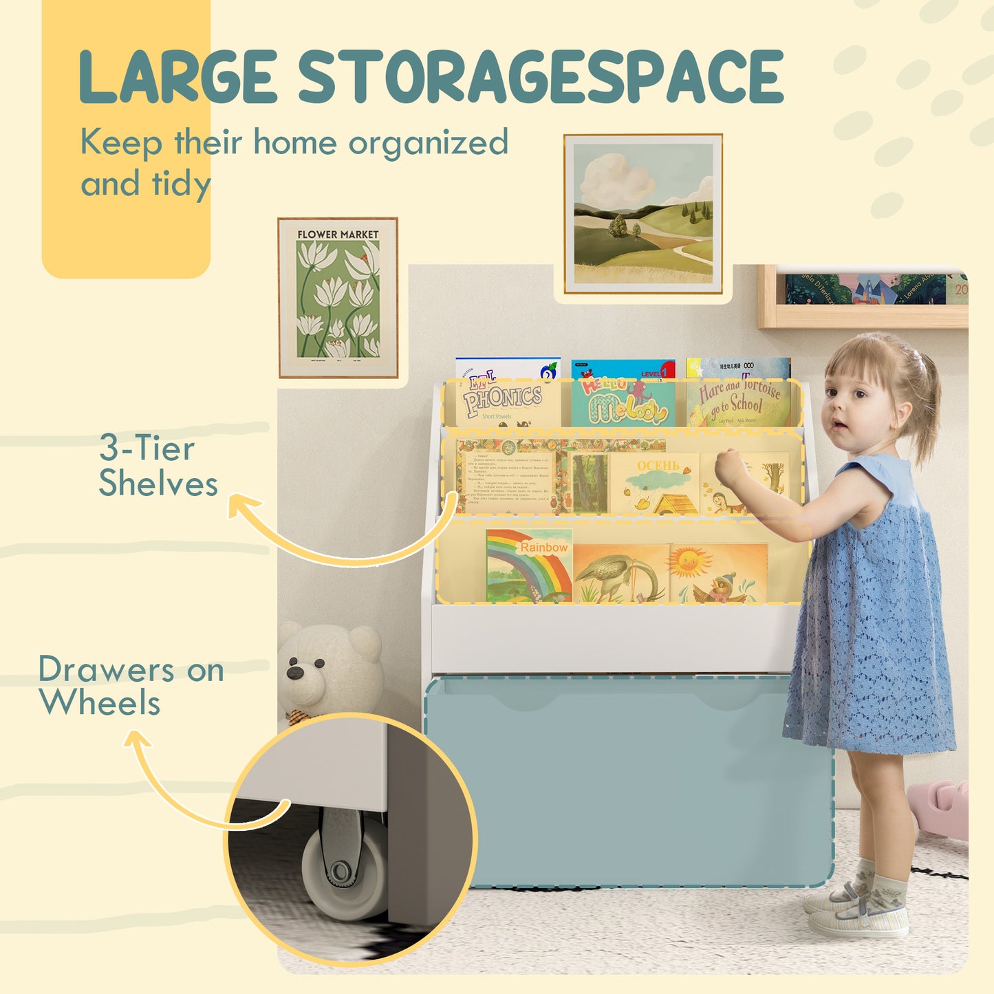 Kids Bookshelf with 3 Tier Display Shelves, Drawer for Nursery, White Kids Crystal