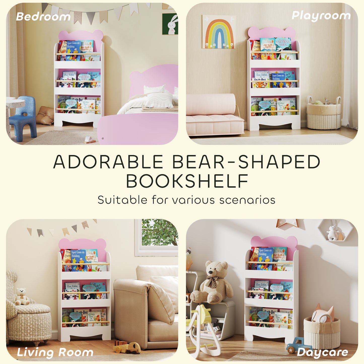 3-Tier Bear Theme Kids Bookshelf with Anti-tipping Device for Living Room, Kids Room, Playroom, Pink