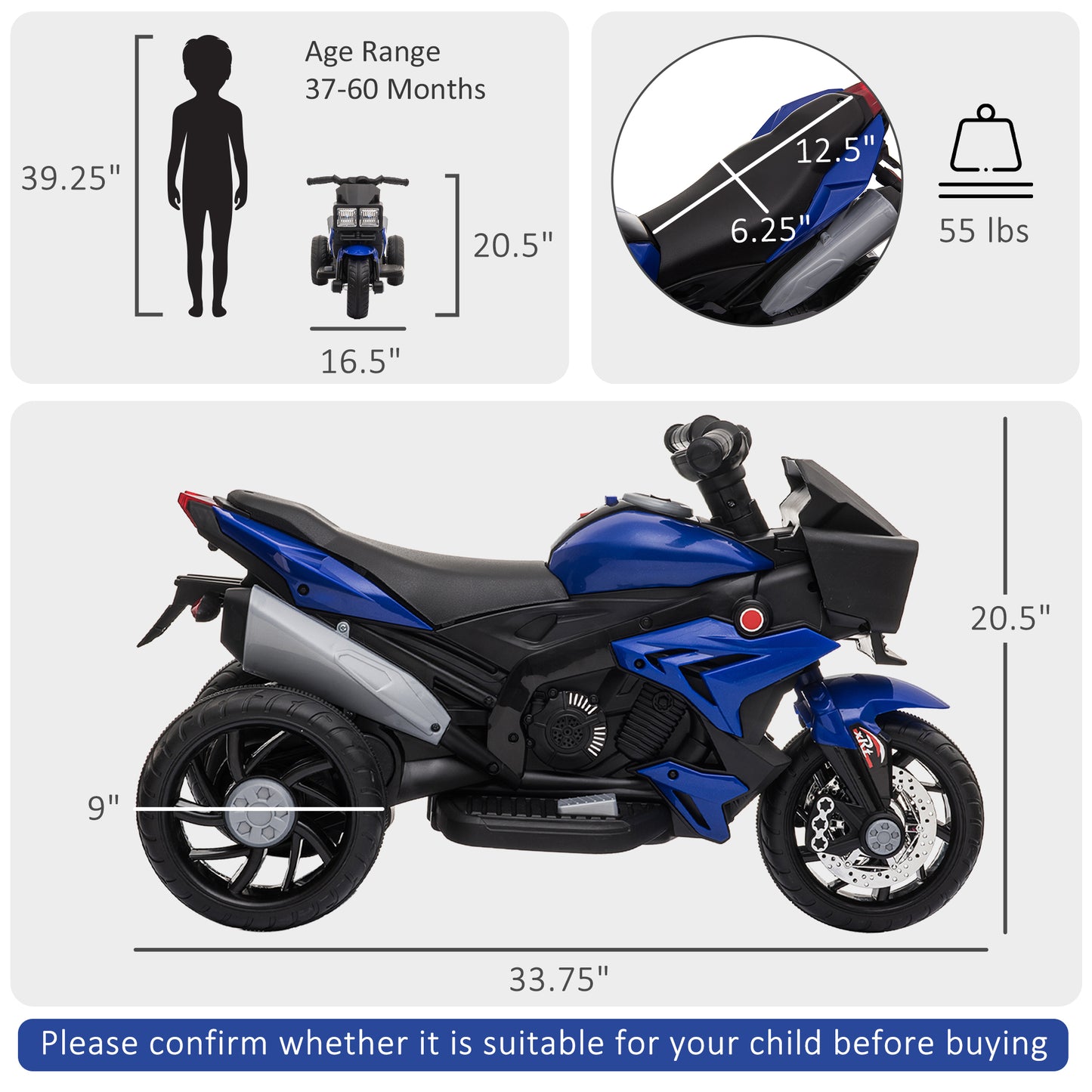 Kids Electric Motorcycle Ride-On Toy 6V Battery Powered with Music Horn Headlights Blue Kids Crystal