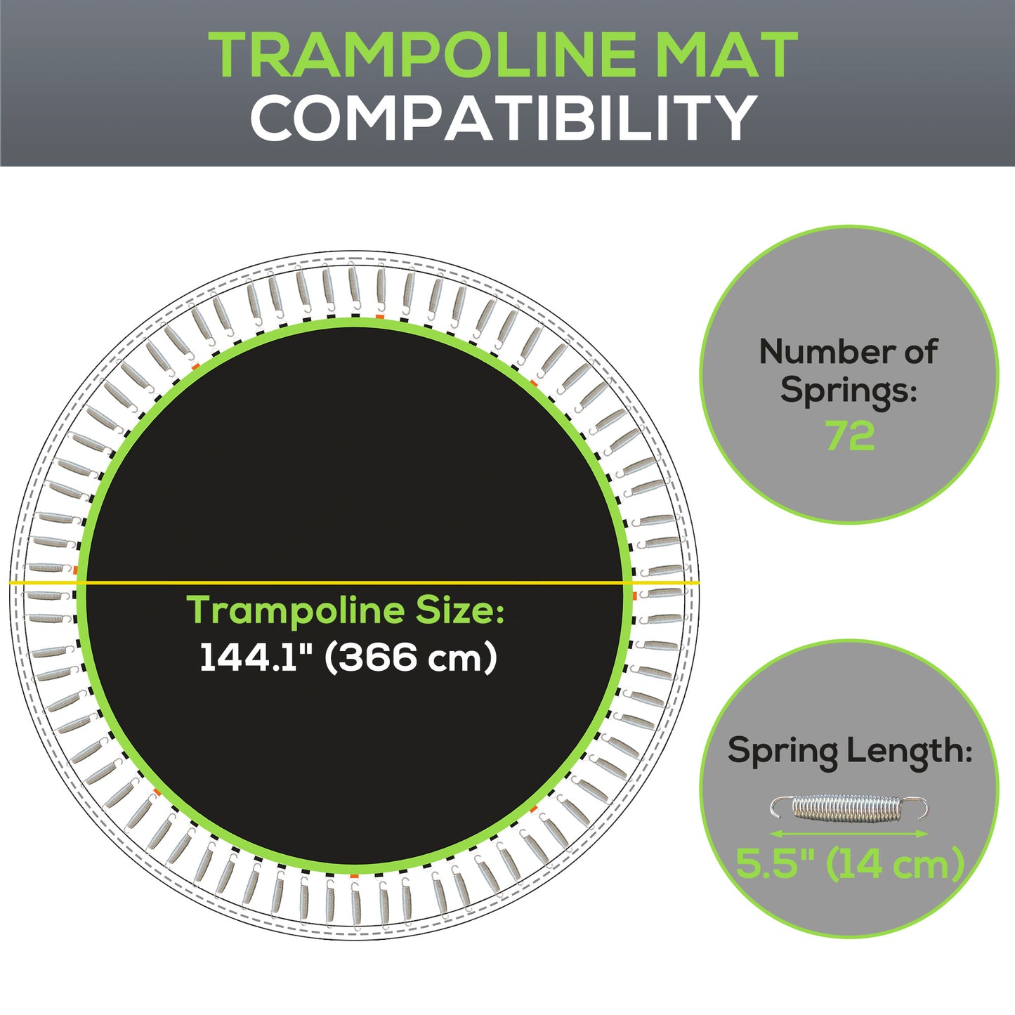 Trampoline Mat Replacement with Spring Pull Tool and 72 V-Hooks, Fits 12ft Trampoline, Using 5.5" Springs, Green Kids Crystal