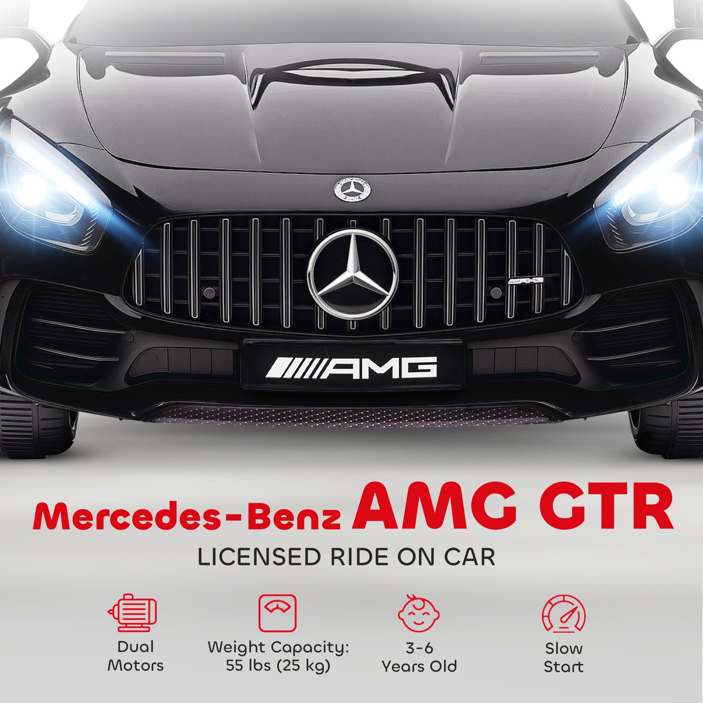 Mercedes-Benz AMG GTR Licensed 12V Battery Powered Kids Electric Car w/ Remote, Soft Start, Lights, Music Horn White Kids Crystal