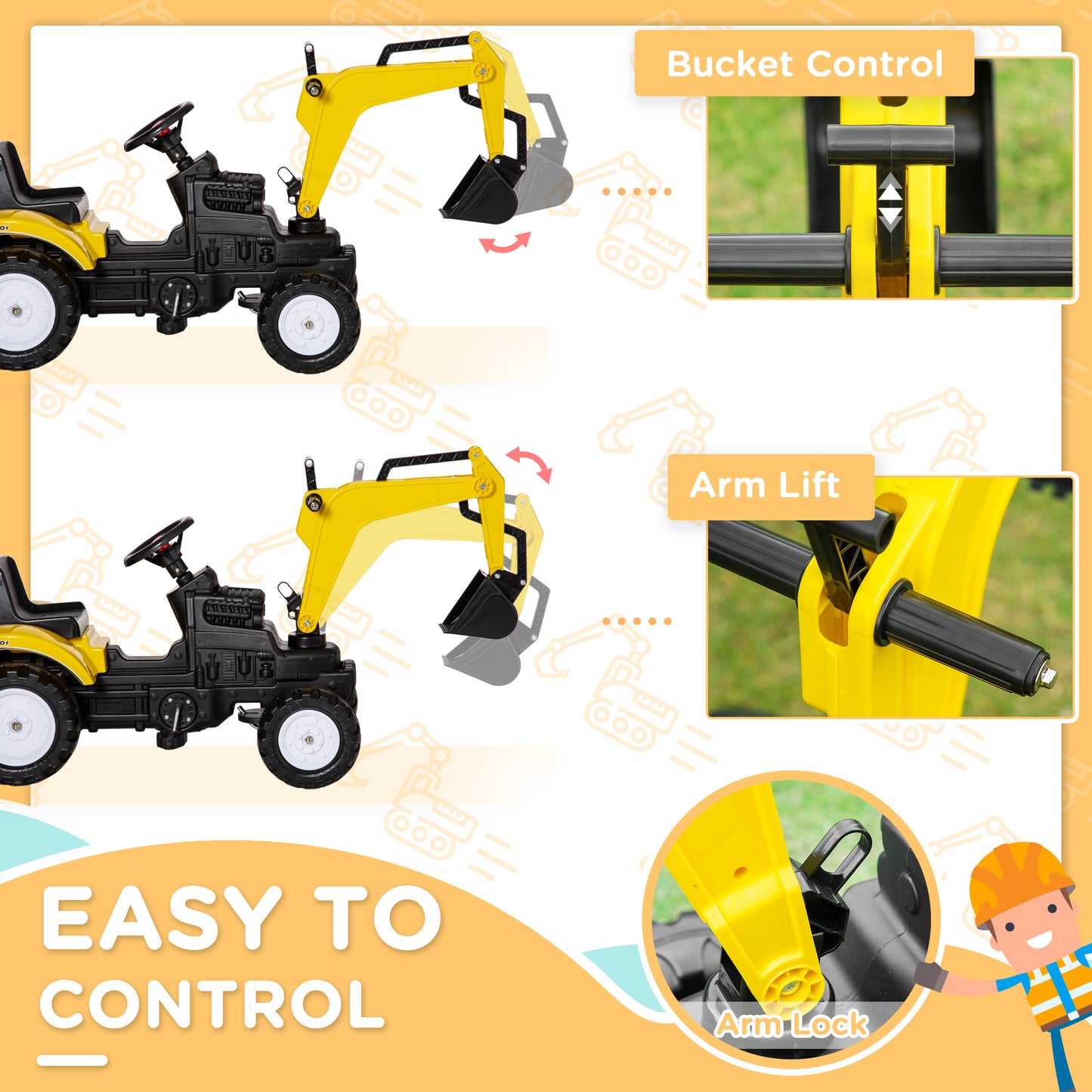 Kids Ride on Excavator, Pedal Excavator Ride on Toy, Pretend Play Ride on Tractor for Kids & Toddlers, Yellow Kids Crystal