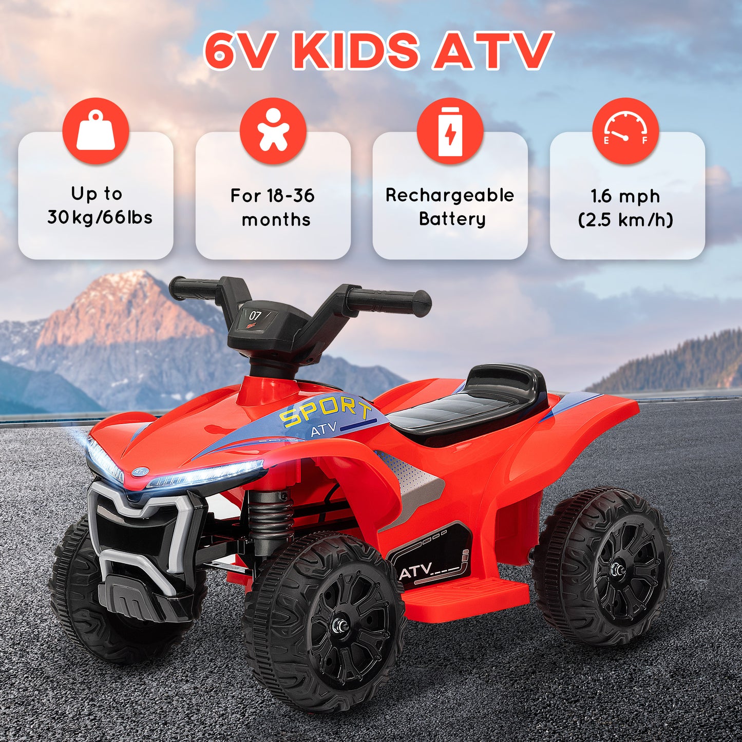 Kids ATV, 6V Battery Powered Electric Vehicle with Headlights, Forward/Reverse Switch for 18-36 Months, Red Kids Crystal