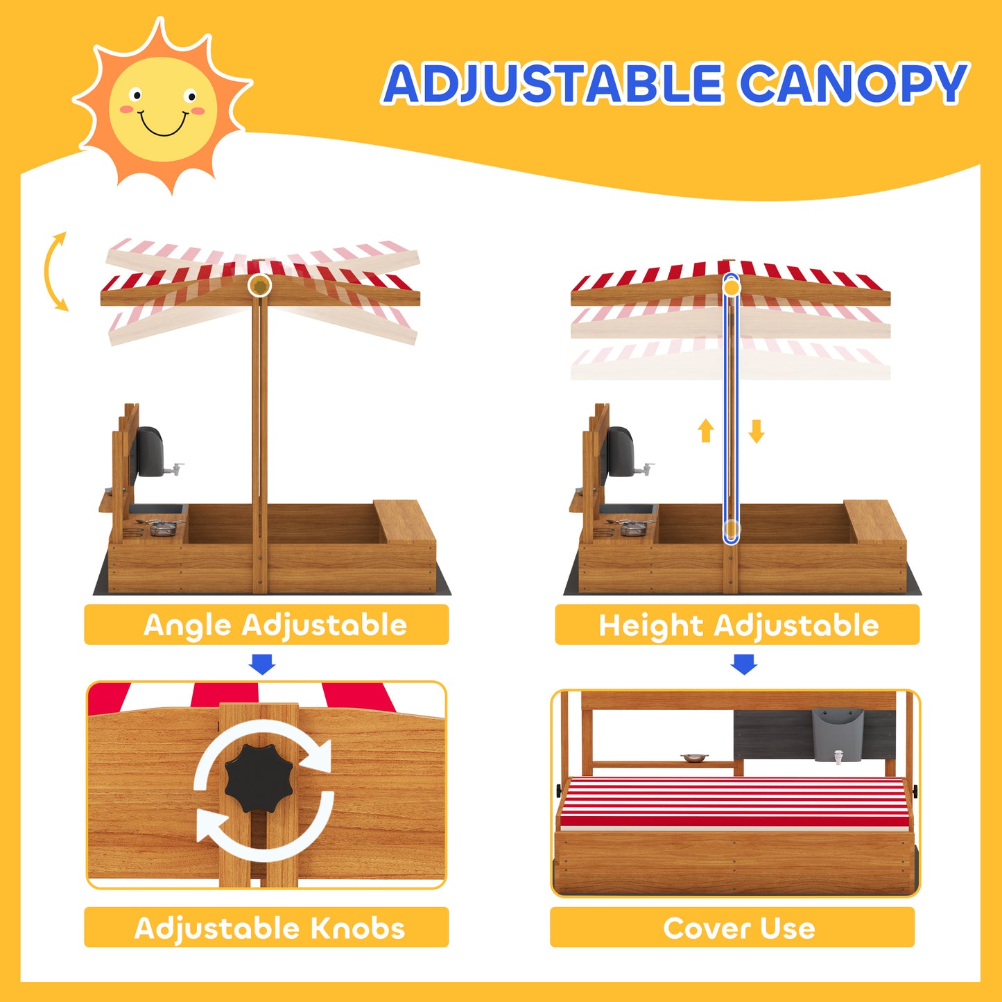 Kids Sandbox with Cover Kitchen Playset Toys, Wooden Sand Box with Seat, Storage, for 3-7 Years Old, Red Kids Crystal