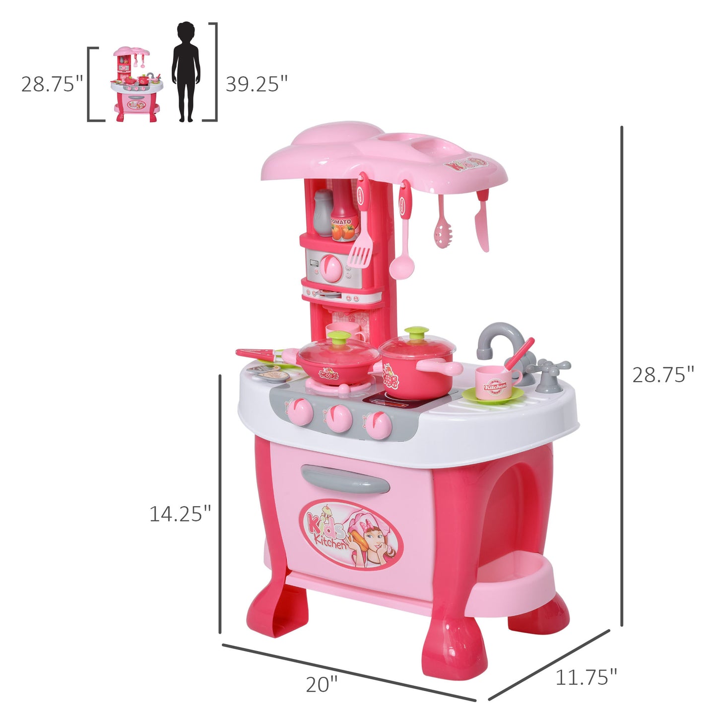Children's Kitchen Playset with Light & Sound, 38Pcs Toy Accessories, Ideal for Pretend Play, Pink Kids Crystal