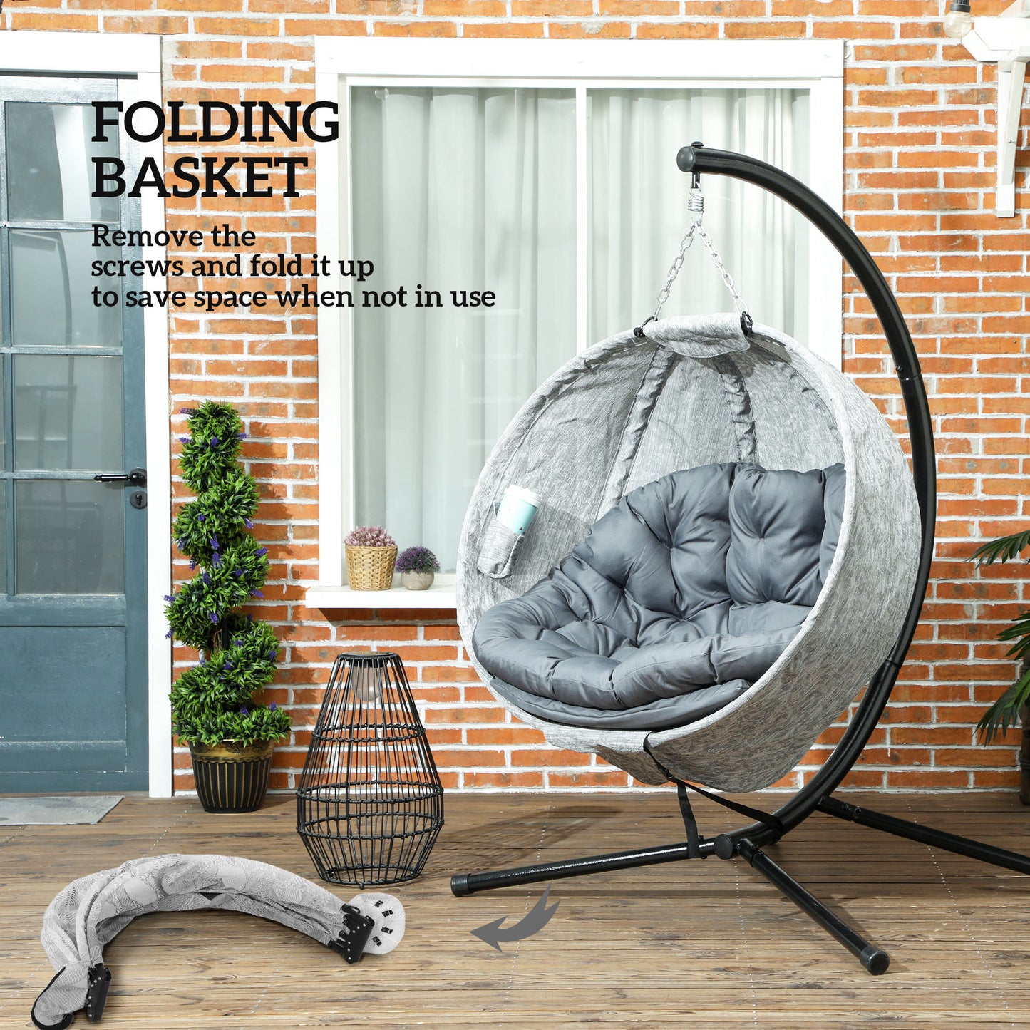 Egg Chair with Folding Basket, Outdoor Indoor Hanging Swing Chair with Stand, Cushions for Patio, Balcony, Grey Kids Crystal