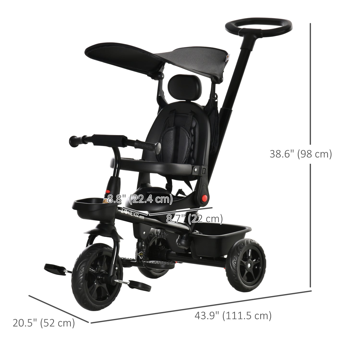4-in-1 Baby Tricycle Stroller with Reversible Seat, Adjustable Handle, Canopy, Safety Belt, Storage - Black
