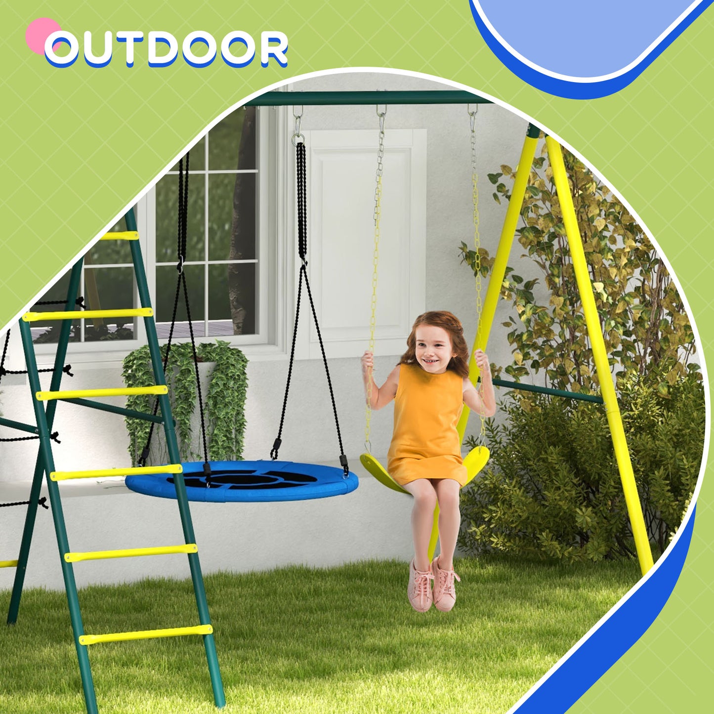 Swing Set 4-in-1 for Kids, Saucer Swing, Seat, Climbing, Basketball Hoop, 3-8 Years, Yellow Kids Crystal