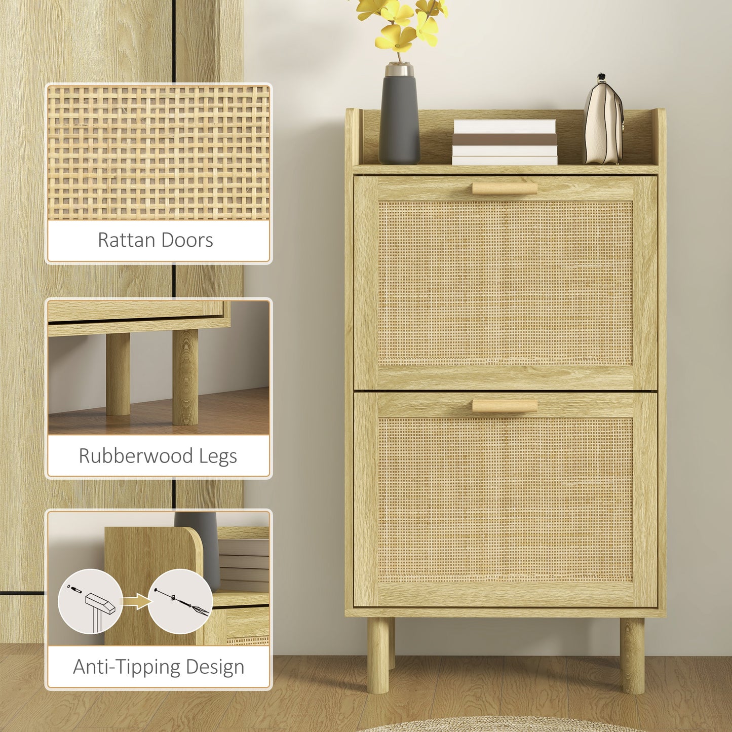 Slim Shoe Storage 2 Flip Drawers Adjustable Shelves Rattan Shoe Organizer 12 Pairs Oak Space Saving Kids Crystal