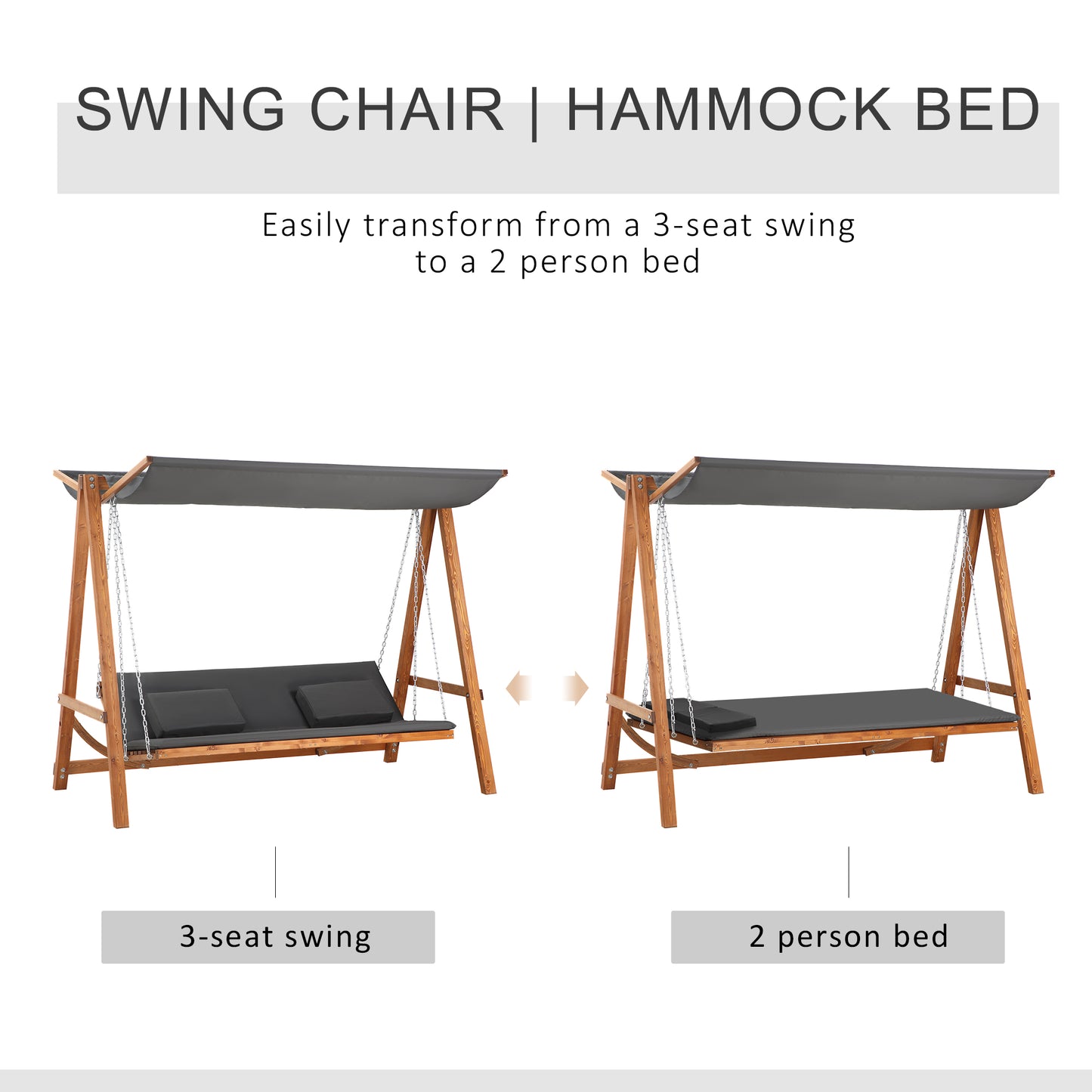 3 Seater Patio Swing Chair Convertible Cushioned Porch Swing Bed with Canopy, Wood Frame for Outdoor, Backyard, Garden