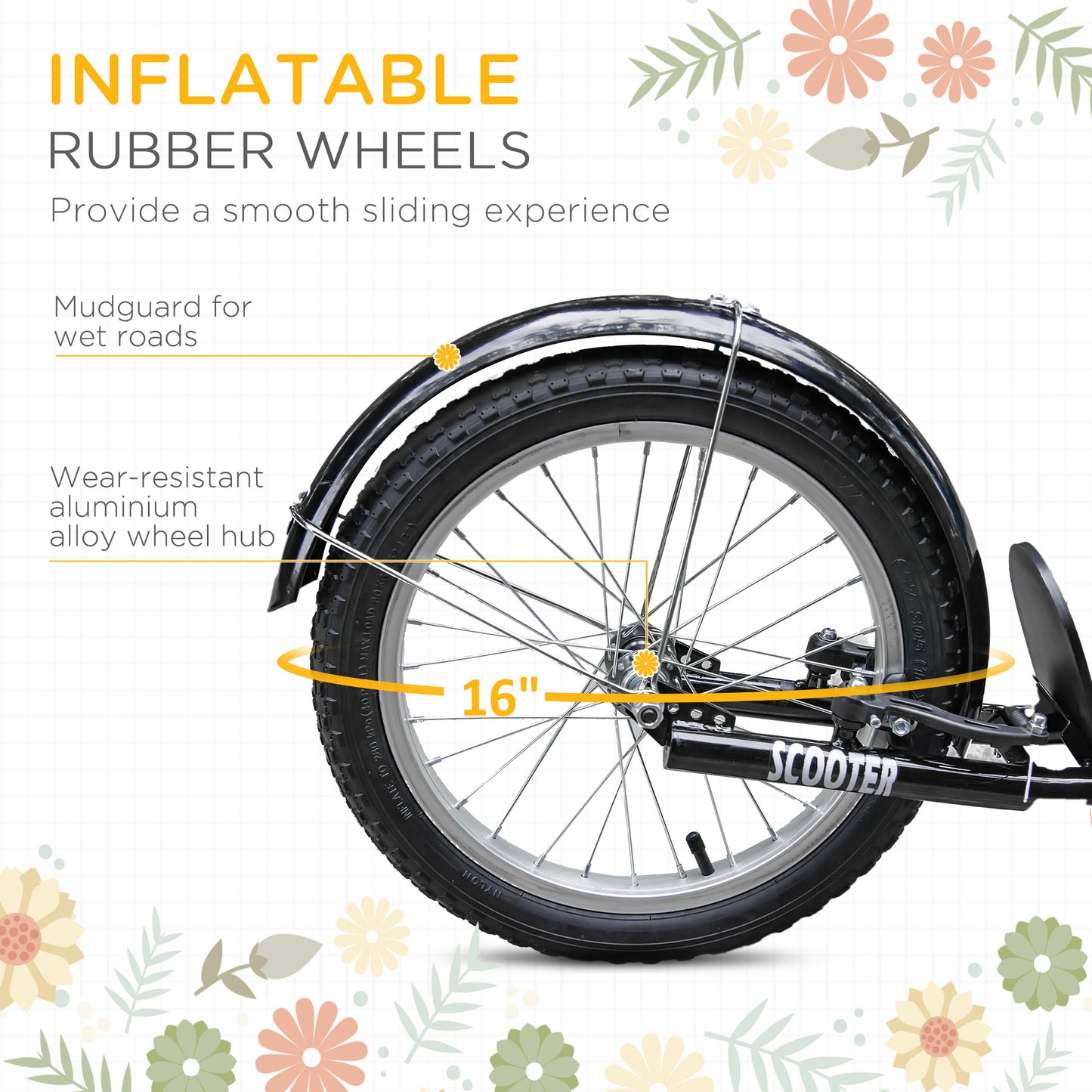 Kick Scooter with Adjustable Handlebar, Kids Scooter with 2 Brakes Basket Cupholder 16" Inflatable Rubber Tyres Orange Kids Crystal