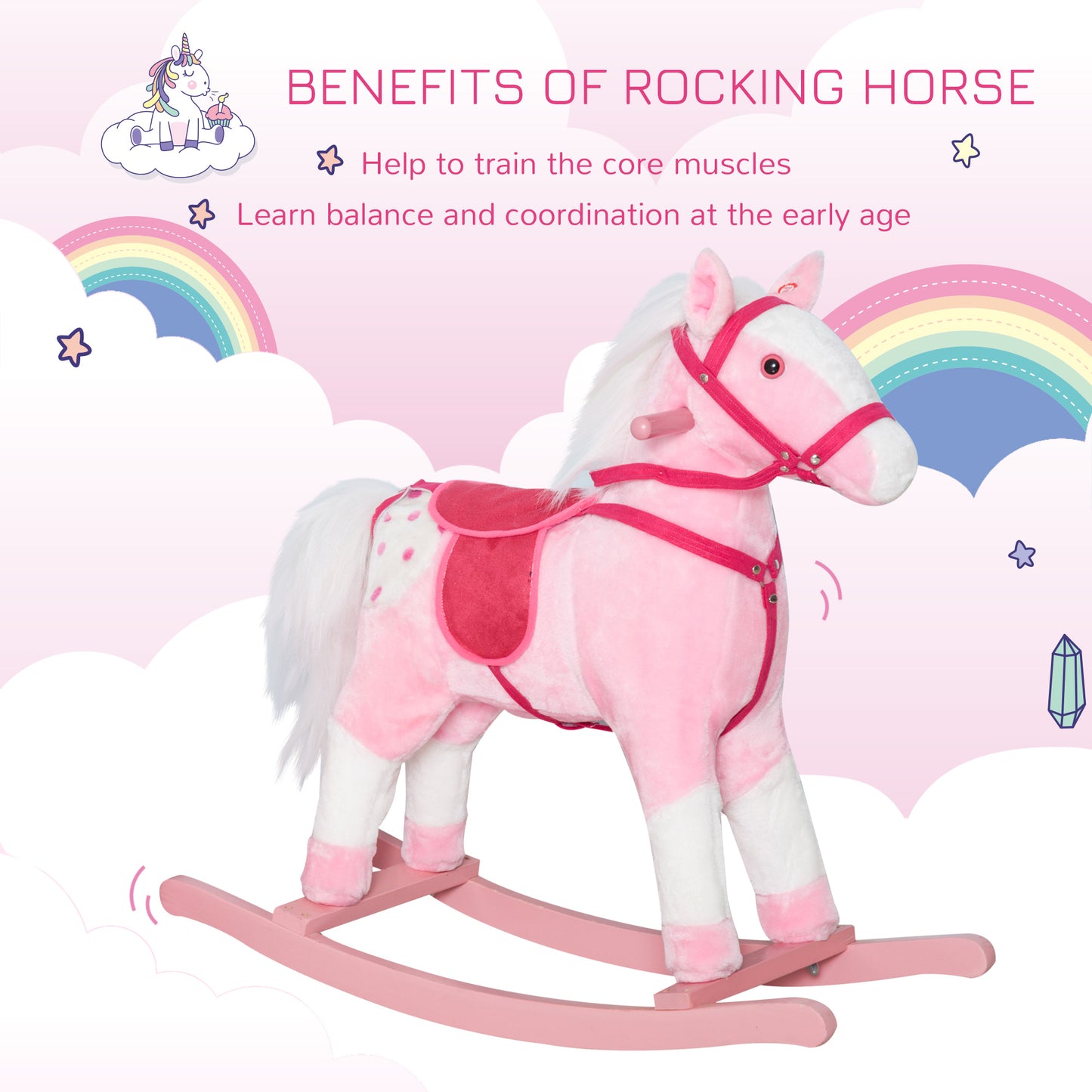 Rocking Plush Horse Poney Pony Children Kid Ride on Toy w/ Realistic Sound (Light Pink) Kids Crystal