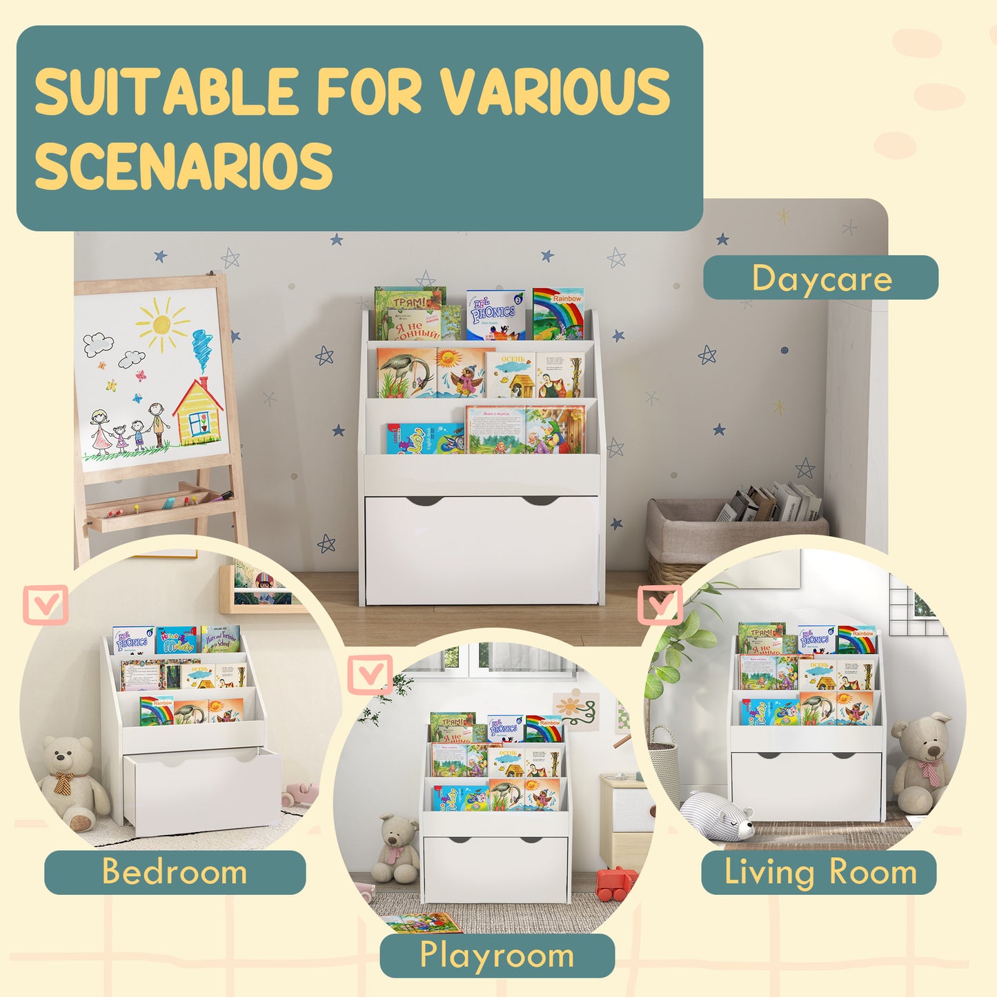 Kids Bookshelf with 3 Tier Display Shelves, Drawer for Nursery, White Kids Crystal