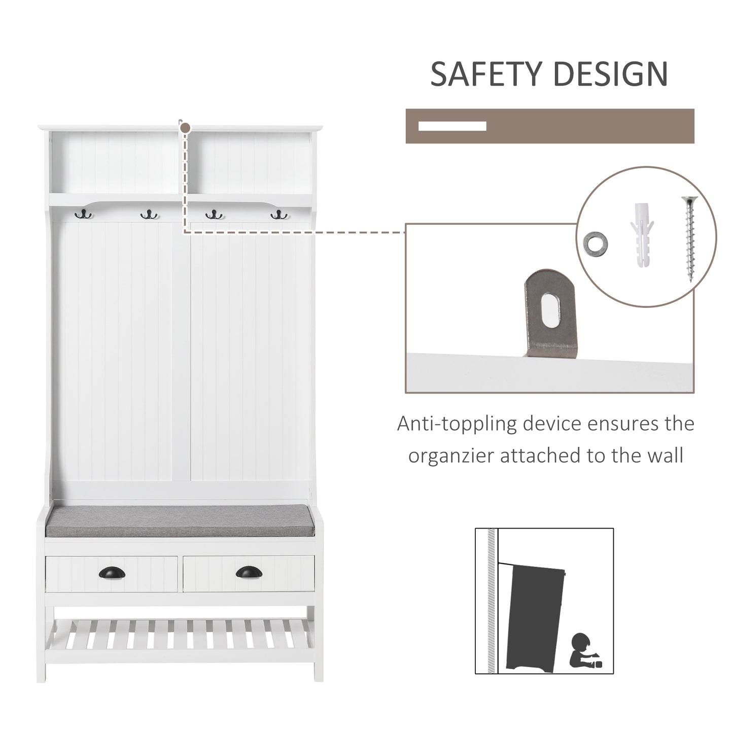 Hall Tree Bench: Entryway Bench with Coat Rack, Hooks, Drawer & Padded Seat, White