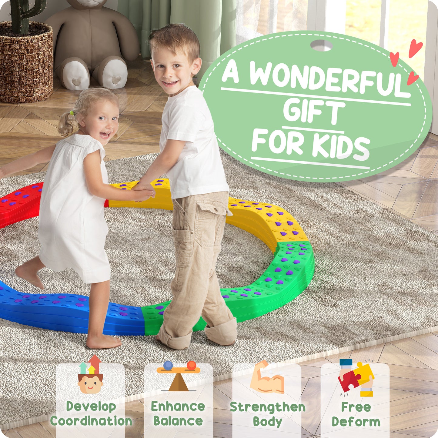 8PCs Kids Balance Beam Stepping Stones w/ Non-slip Foot Pads Kids Crystal