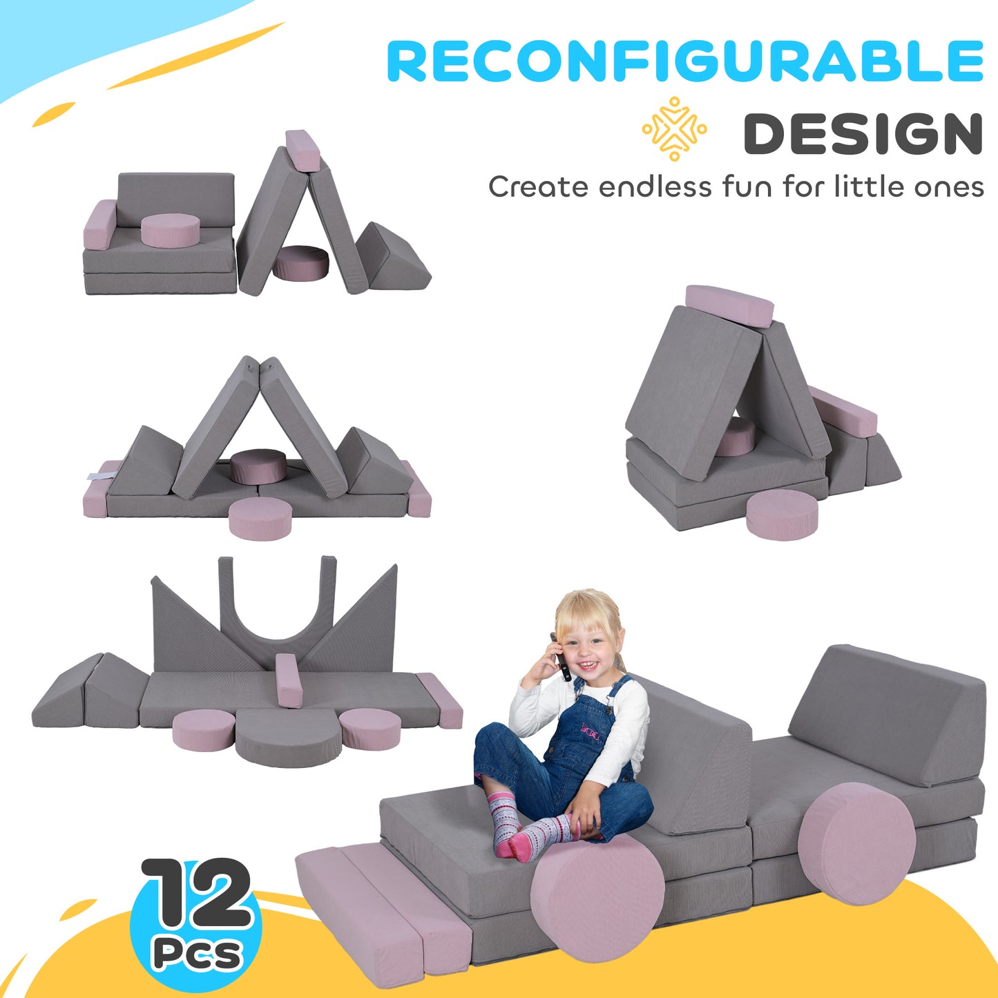 12-Piece Modular Kids Play Couch Building Fort for Playroom Bedroom, Convertible Kids Sofa, Grey Kids Crystal