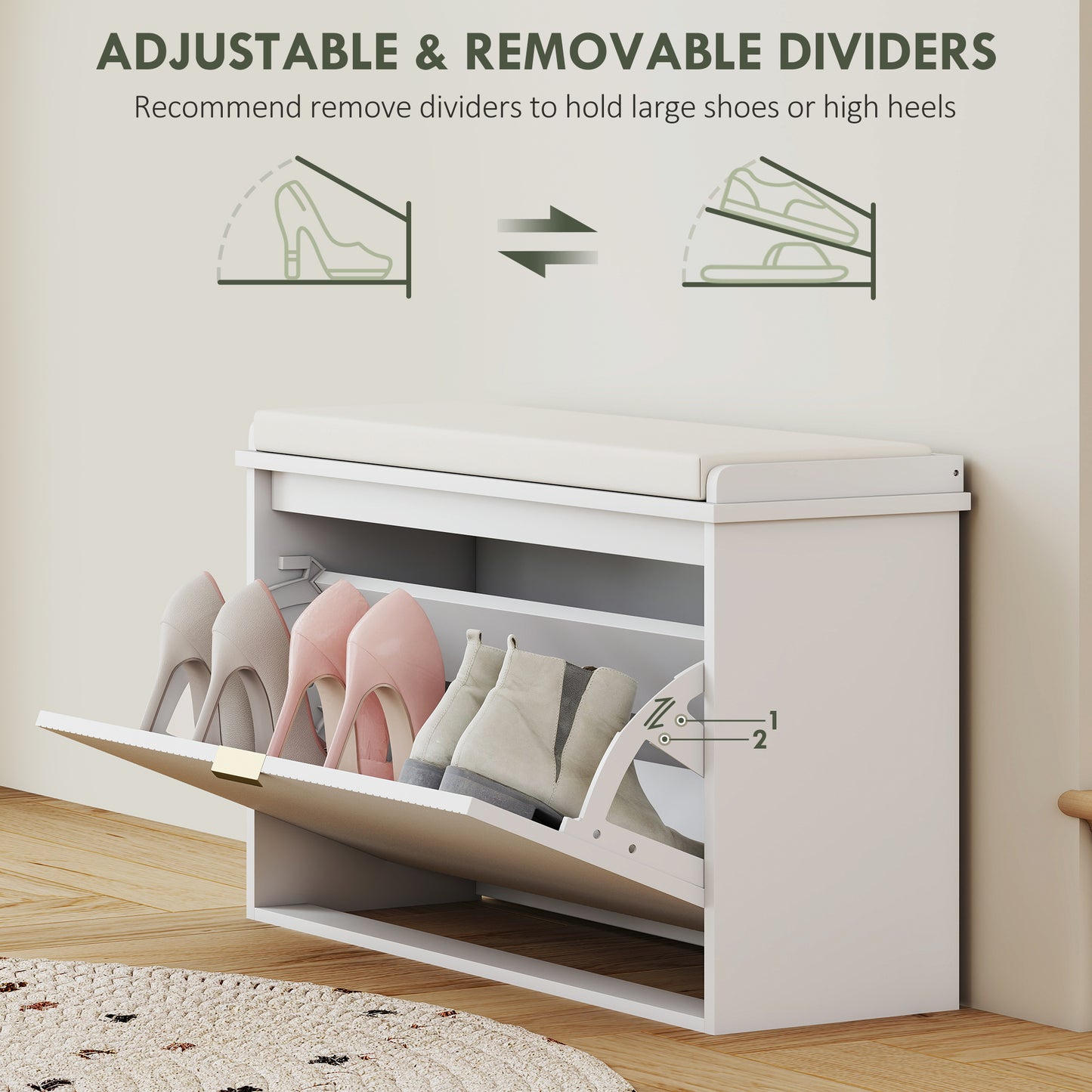 Entryway Bench with Padded Seat and Flip-Drawers, Holds up to 265lbs, Shoe Storage Bench for 8 Pairs of Shoes, White Kids Crystal