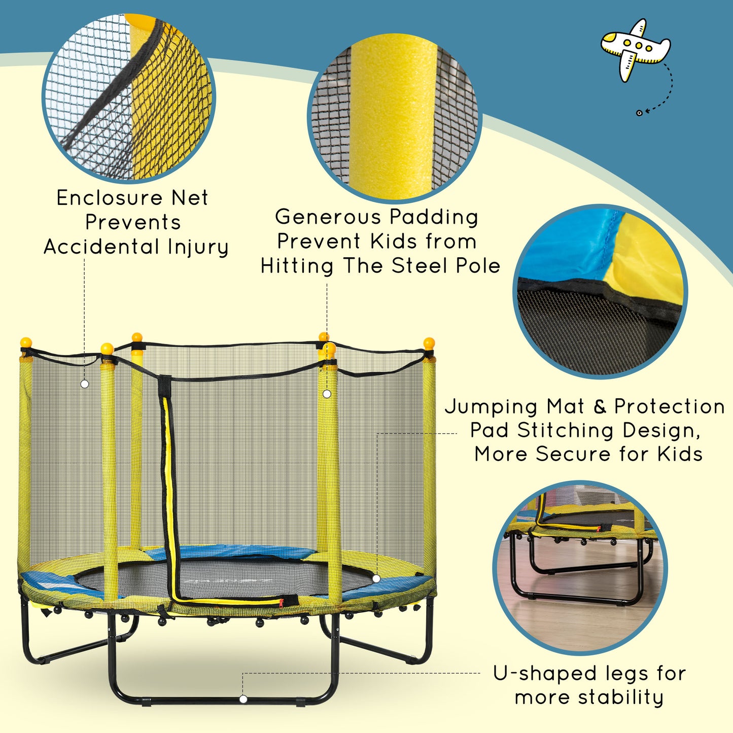 4.6FT Trampoline for Kids with Enclosure Net for Ages 3-10, Indoor Outdoor Use, Yellow Kids Crystal