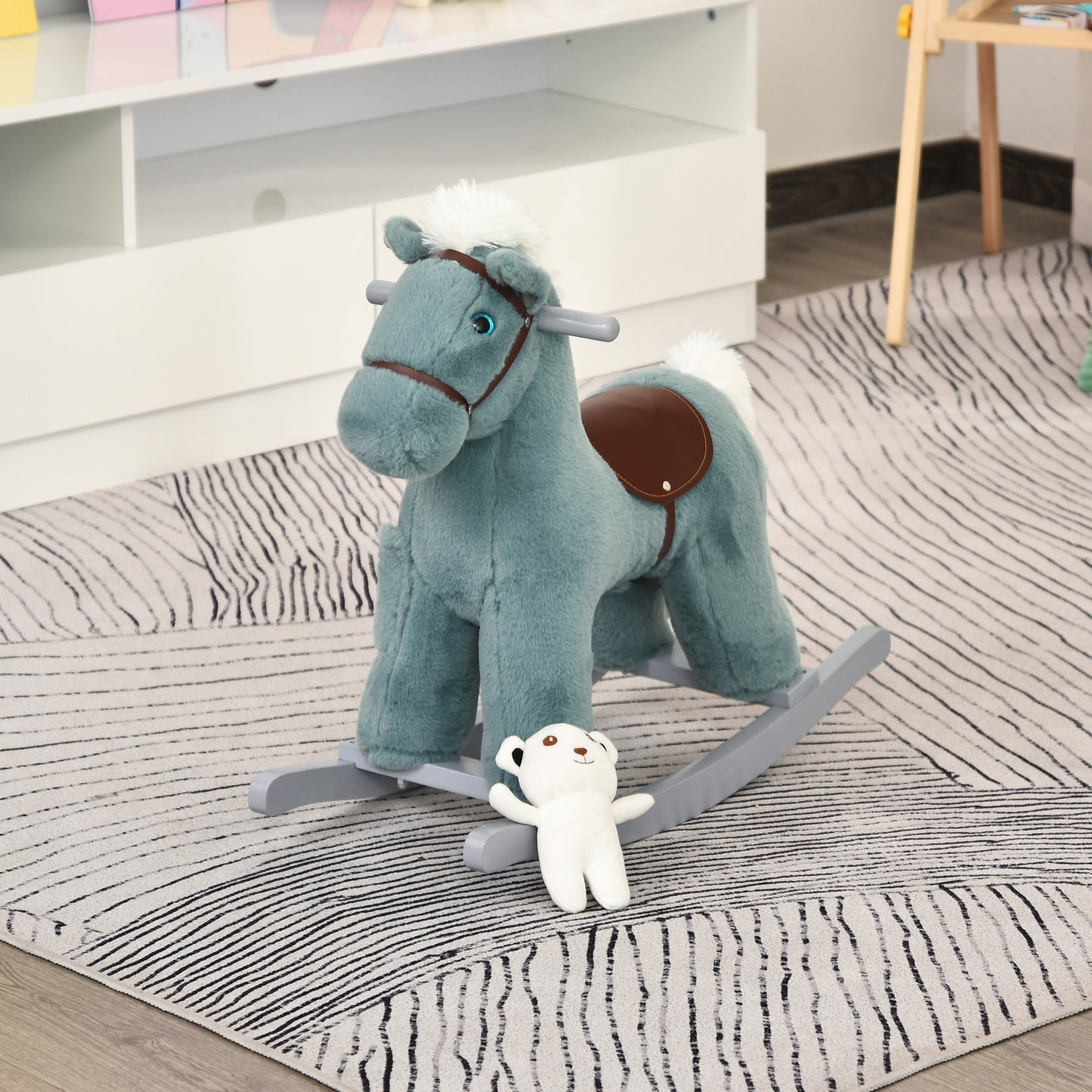 Toddler Rocking Horse - Blue Plush Ride-On Toy with Bear and Realistic Sounds for Kids 18-36 Months Kids Crystal