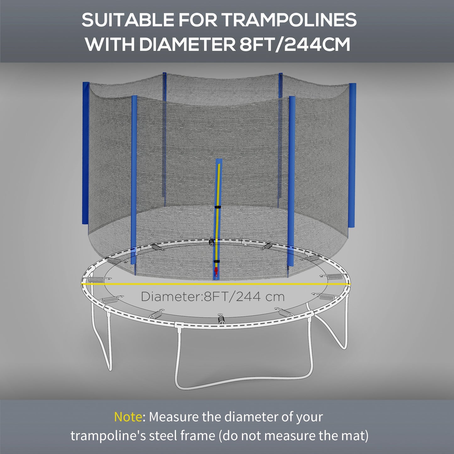 Safety Trampoline Net Enclosure 8ft Round Zippered Entrance Replacement Netting Black Kids Crystal