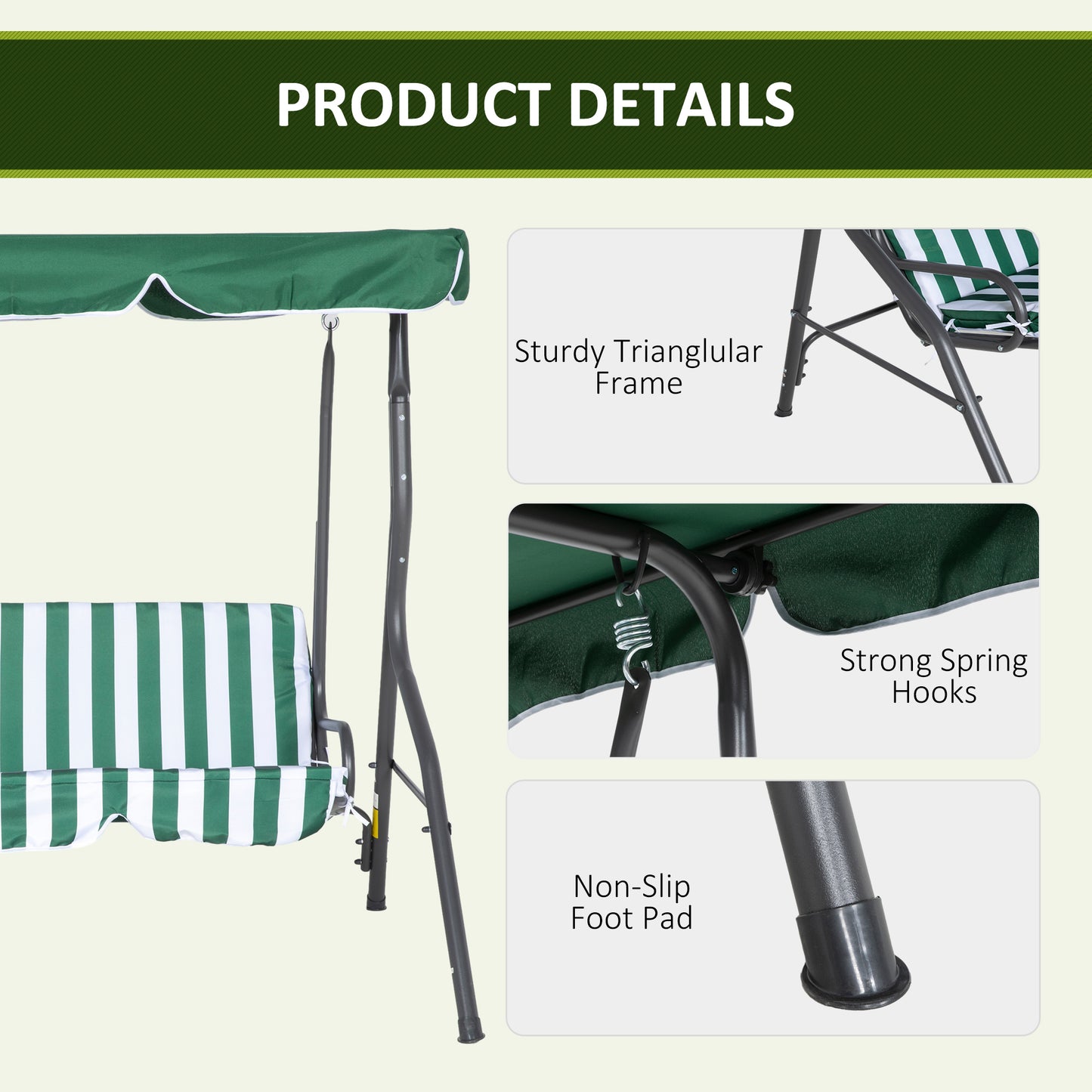 3-Seat Patio Swing Chair, Outdoor Porch Swing Glider with Adjustable Canopy, Removable Cushion for Garden