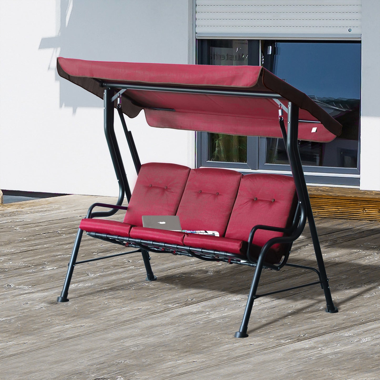 Porch Swing Chair 3-Person Outdoor Metal Garden Swing with Canopy Stand Durable Wine Red Kids Crystal