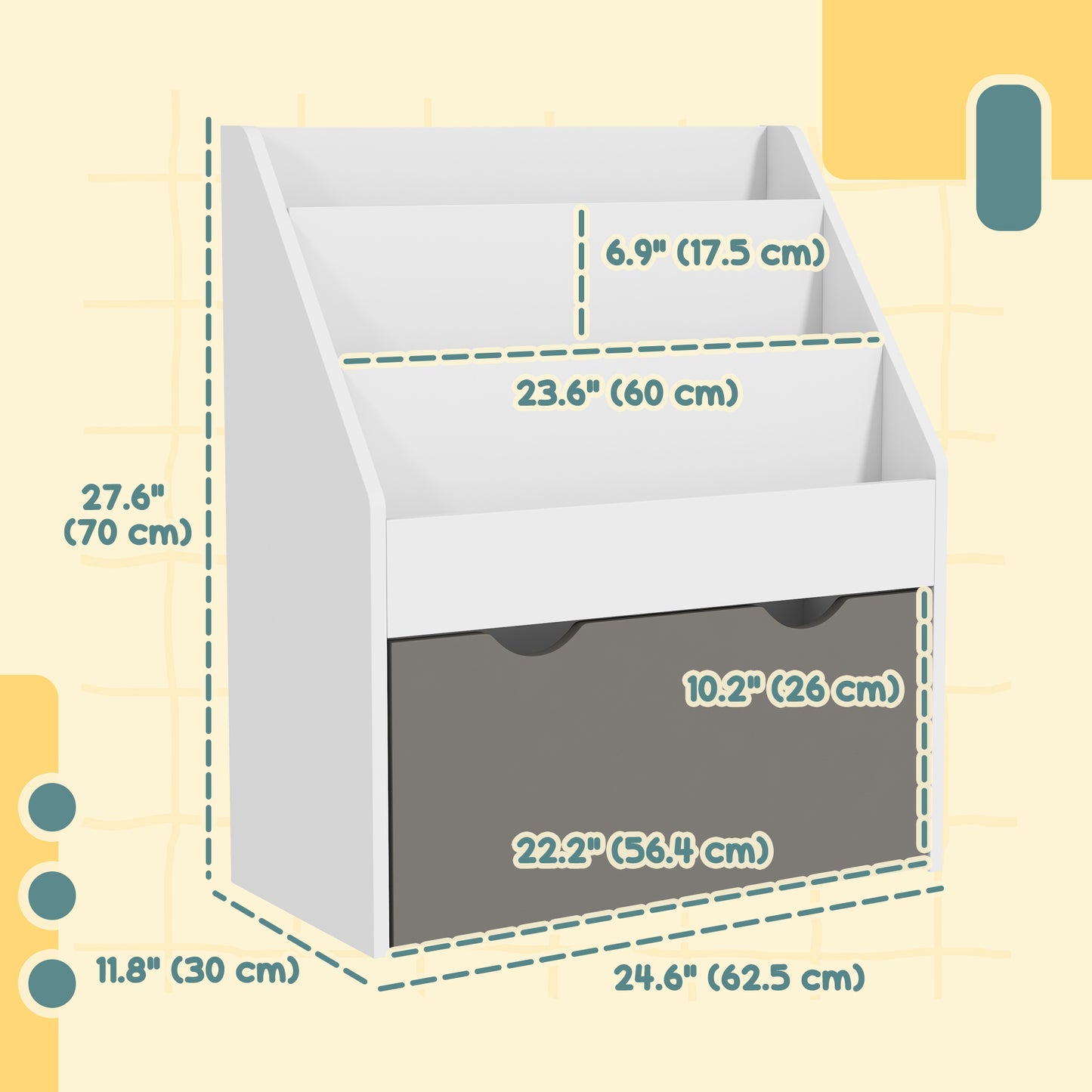 Kids Bookshelf with 3 Tier Display Shelves, Drawer for Nursery, Grey Kids Crystal