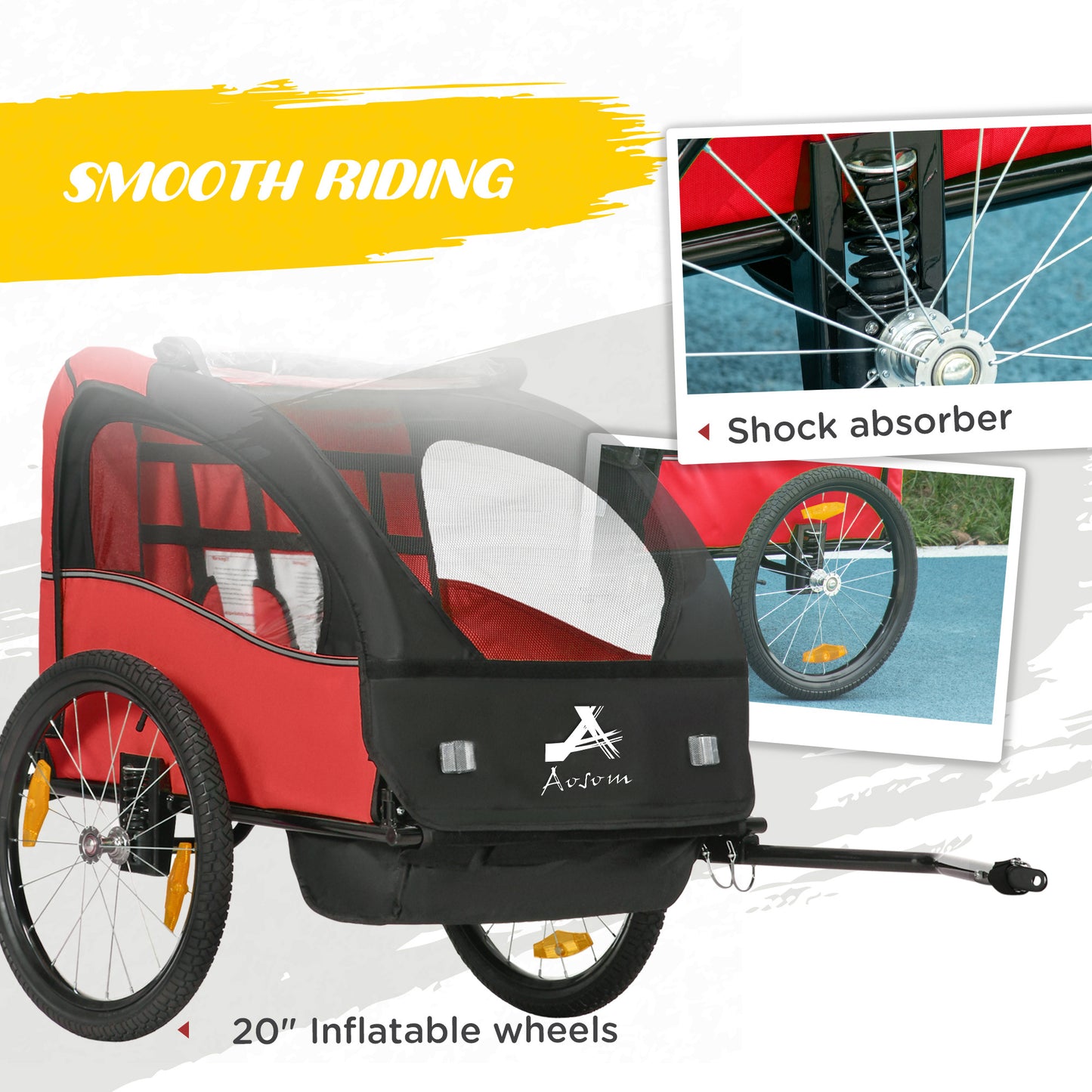 2 Seat Bike Trailer for Kids, Baby Stroller with Storage Bag, 5 Point Harness, Bicycle Trailer with 20" Wheels, Red
