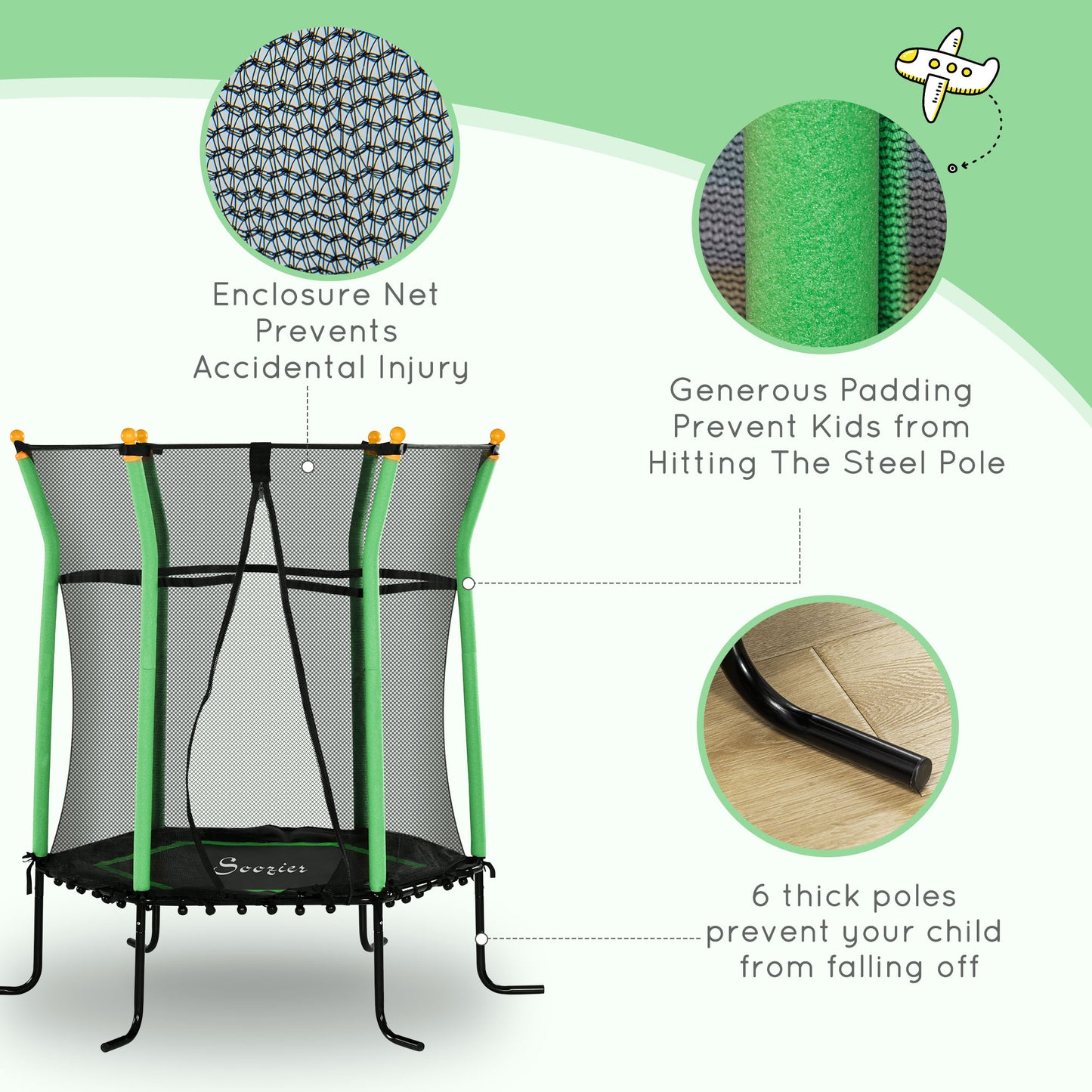 64" Kids Trampoline Indoor/Outdoo with Enclosure Net Elastic Thick Padded Pole Gift for Ages 3-10 Years Old Green Kids Crystal