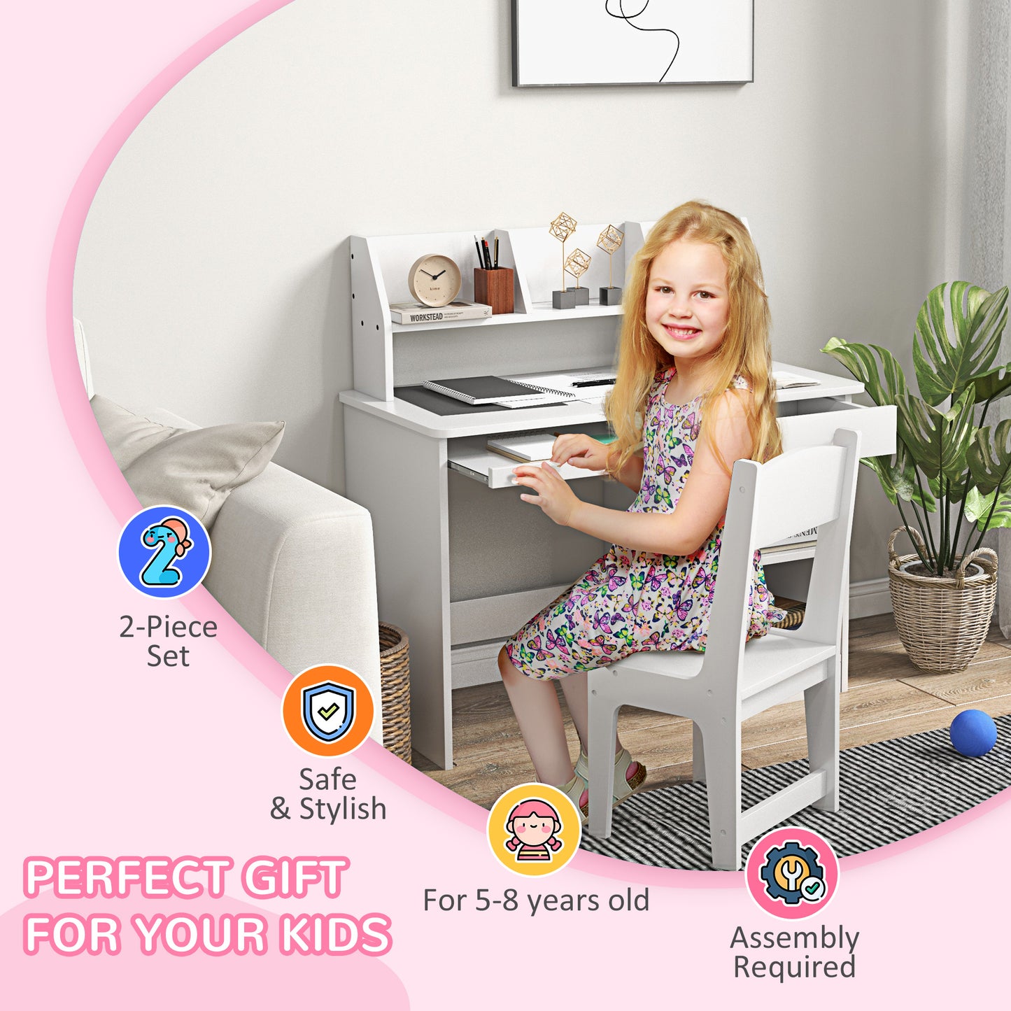 Kids Desk and Chair Set for 5-8 Year Old with Storage Study Table and Chair for Children White Kids Crystal