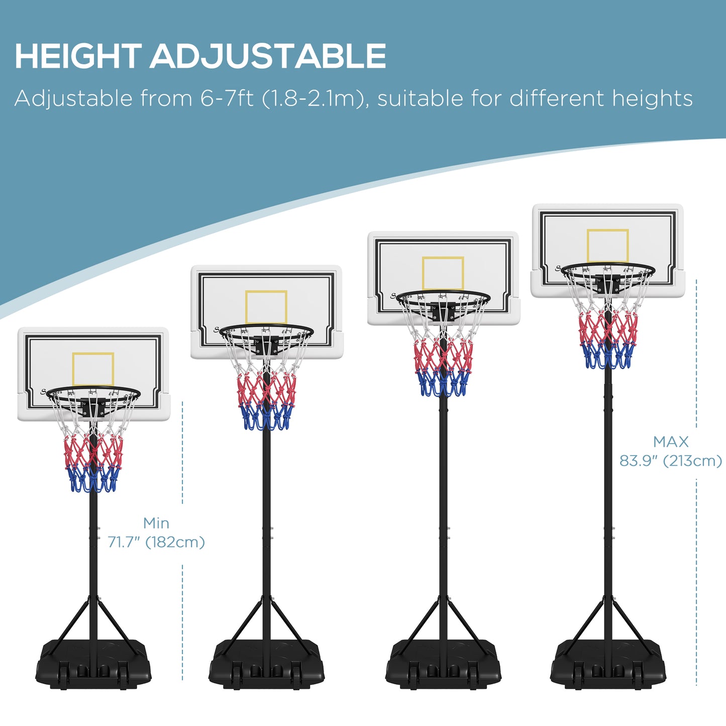 Portable Basketball Hoop for Teens Youth Adults with Wheels Fillable Base 6-7ft Height Adjustable Goal Kids Crystal