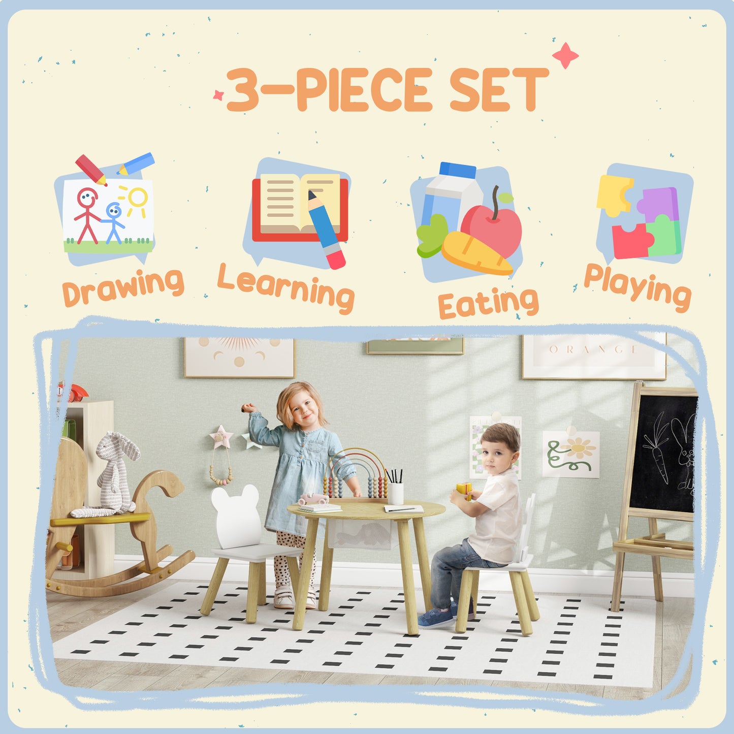 3 Pieces Kids Table and Chair Set, Activity Table and Chair Set with Bear-Shaped Chairs, Mesh Bag Kids Crystal