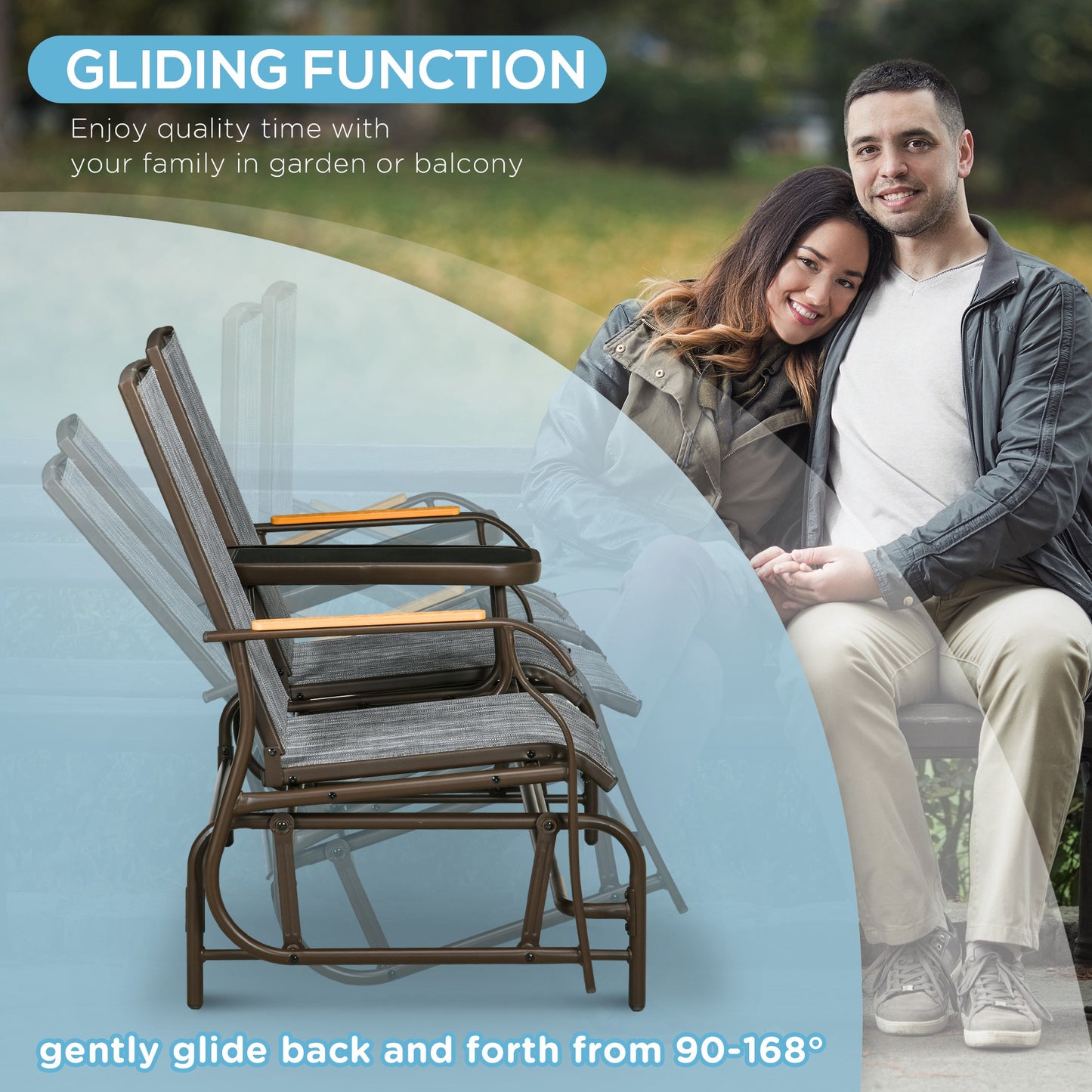 Outdoor 2-Person Glider Bench Swing Chair Loveseat Breathable Mesh Table Steel Frame