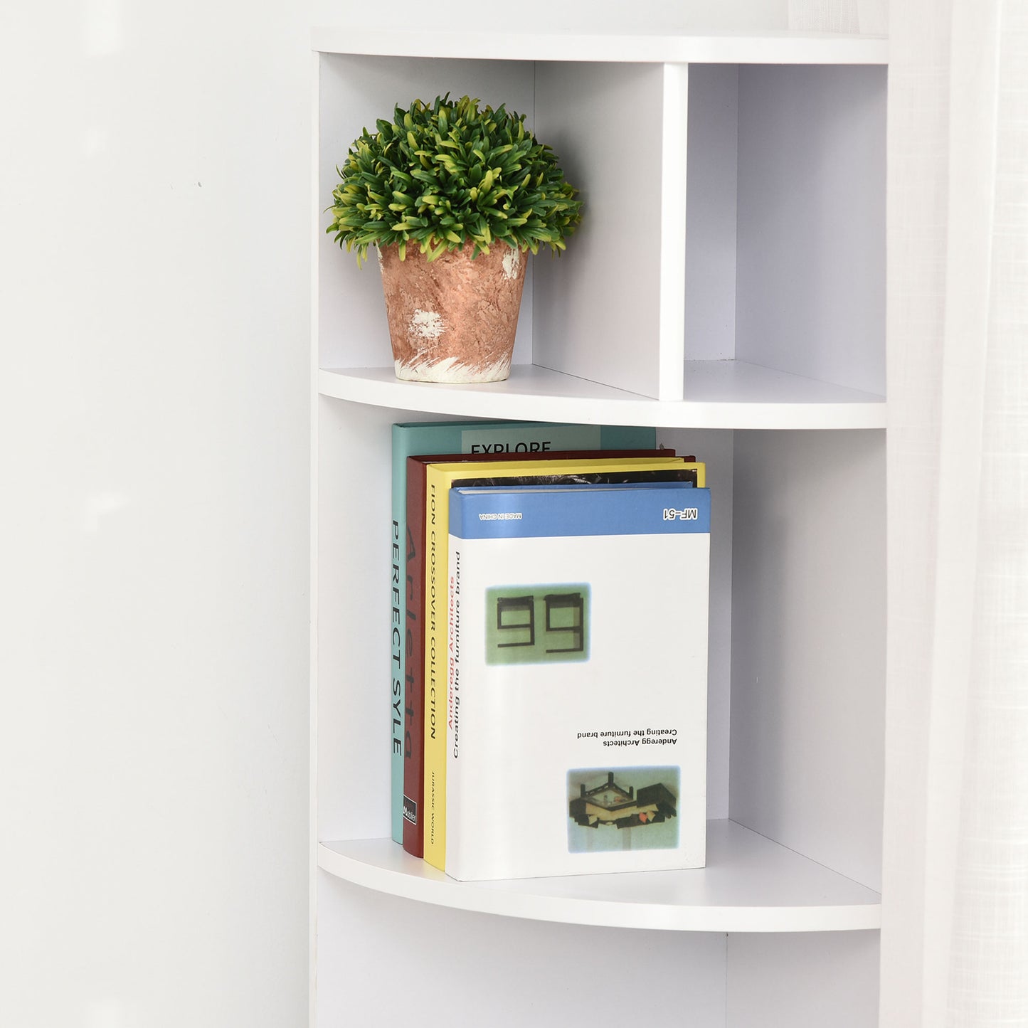 Corner Convenience: 5-Tier Bookshelf with Storage Cupboard Door Organizer for Home Office, White Finish Kids Crystal