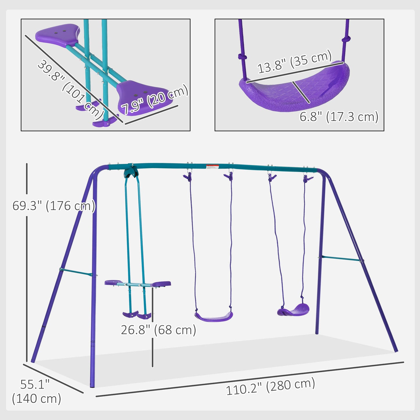 Swing Set for Kids with Glider, 2 Swing Seats, Heavy Duty A-Frame Metal Stand Outdoor Playground Playset, Purple Kids Crystal