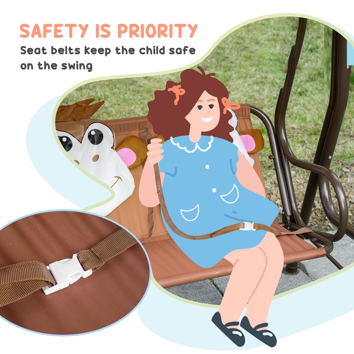 2-Seat Kid Swing with Adjustable Canopy Coffee Outdoor Patio Lounge Chair for Garden Porch
