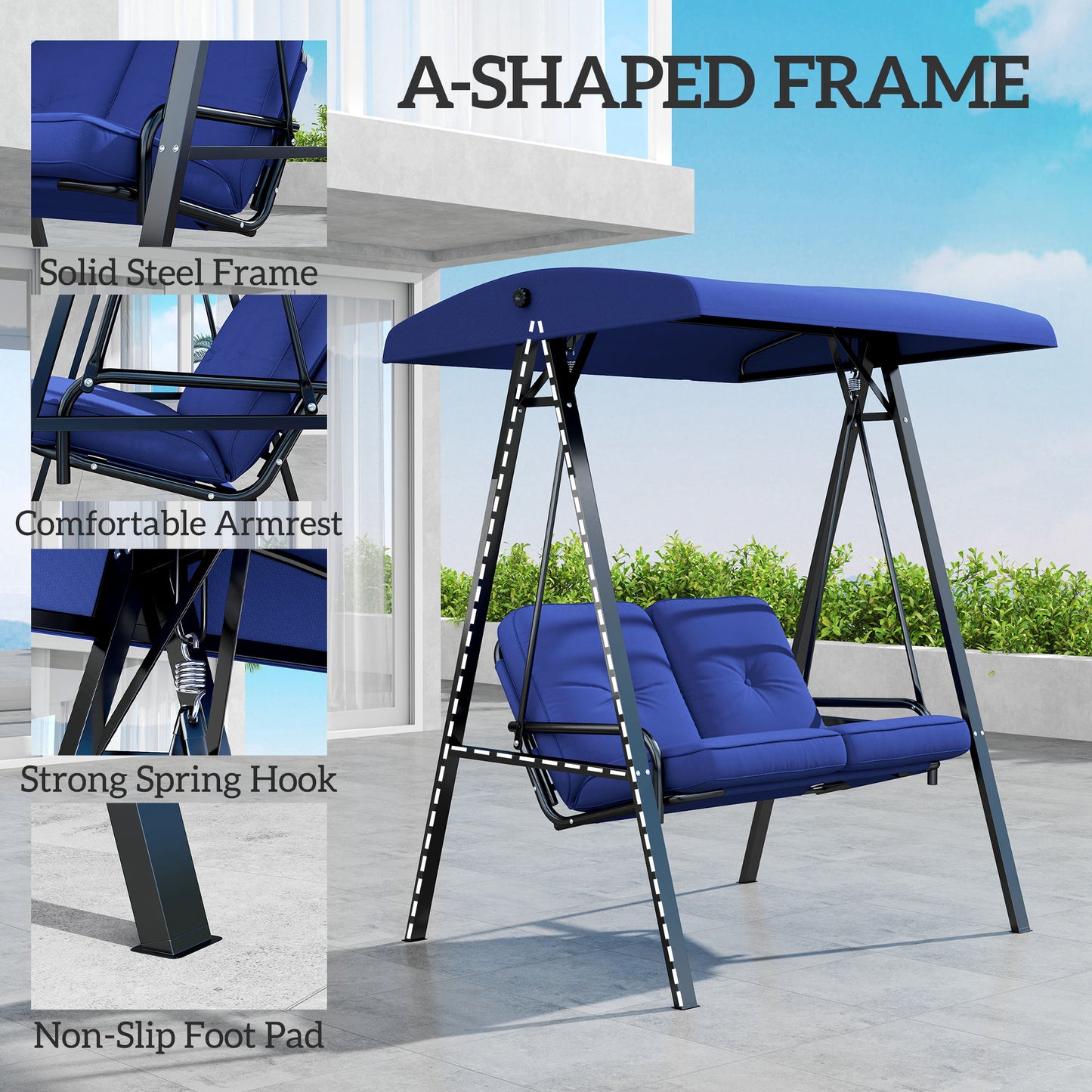 2-Seater Outdoor Porch Swing with Adjustable Canopy, Patio Swing Chair for Garden, Poolside, Backyard, Dark Blue