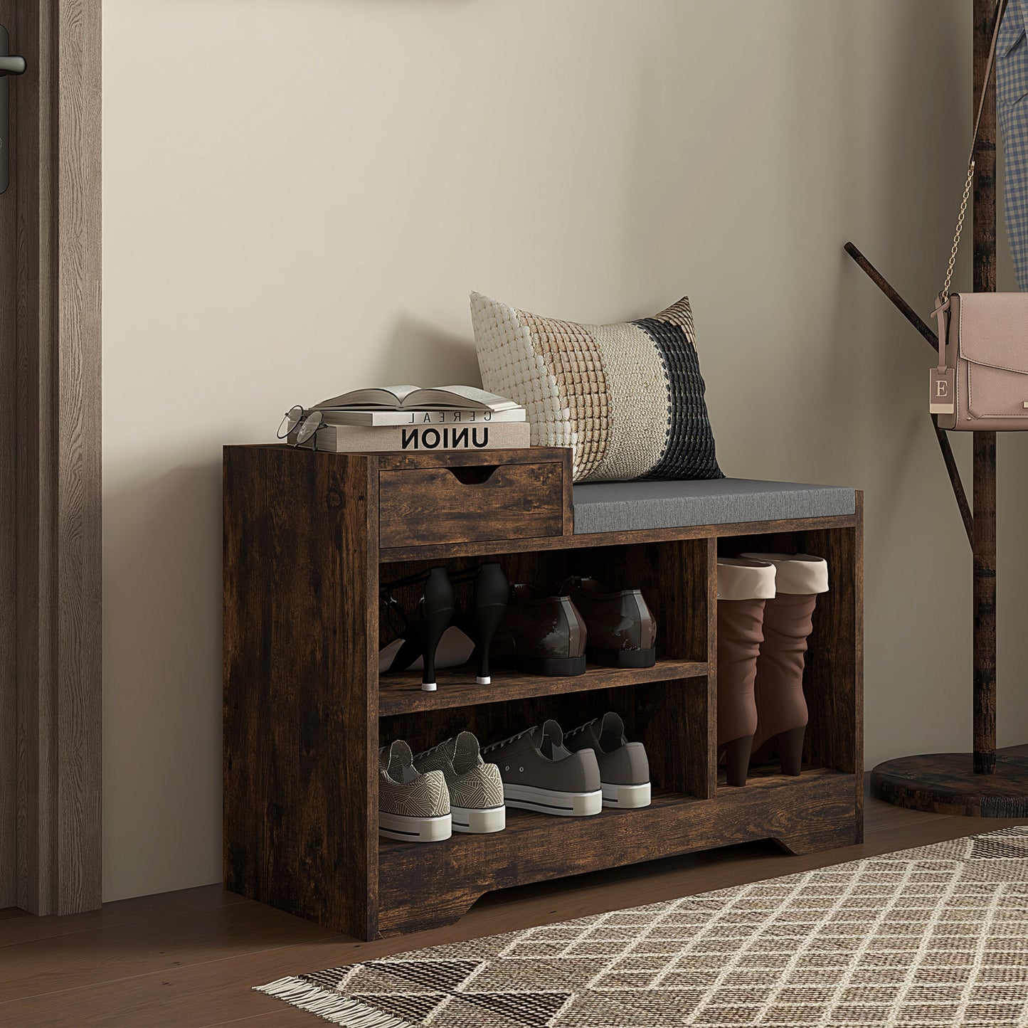 Upholstered Shoe Storage Bench Hallway Entryway Seat Drawer 3 Open Shelves Rustic Brown Wood Kids Crystal