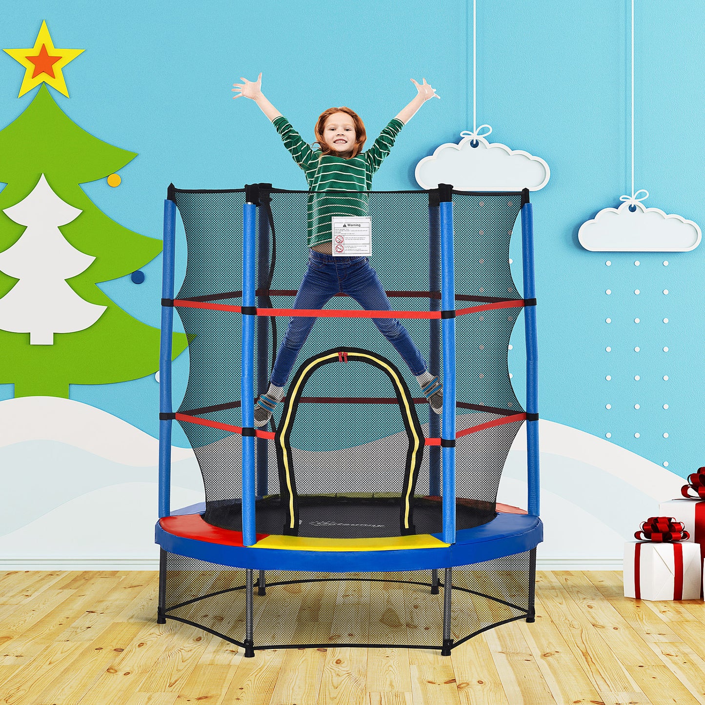Kids Trampoline: ?55" Round, Safety Net, Indoor Bouncer, 3-6 Years, Steel Frame, Multi-Coloured Kids Crystal