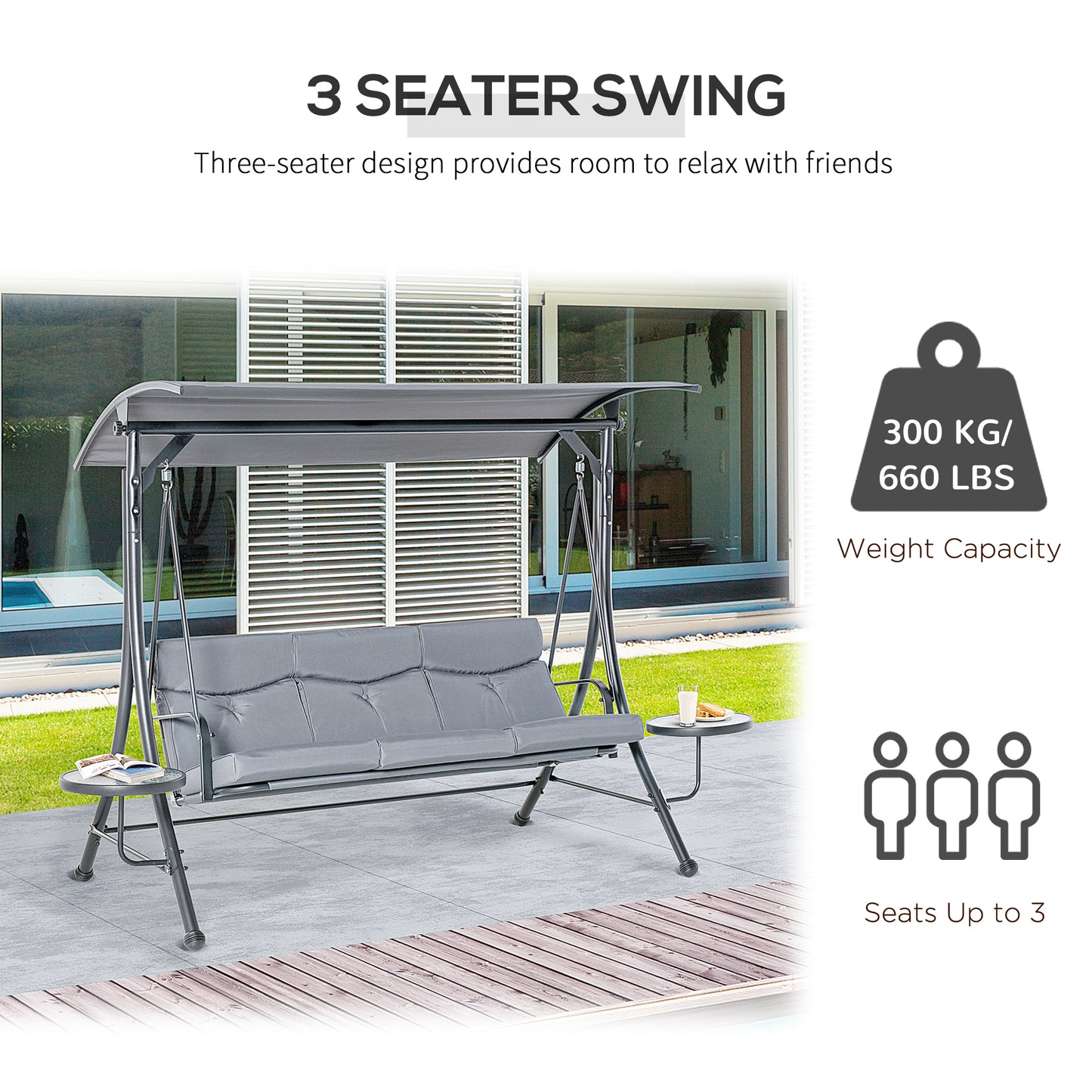 3 Seat Outdoor Swing Chair Steel Swing Bench Porch Swing With Adjustable Canopy & Coffee Tables & Cushion for Patio Garden Kids Crystal